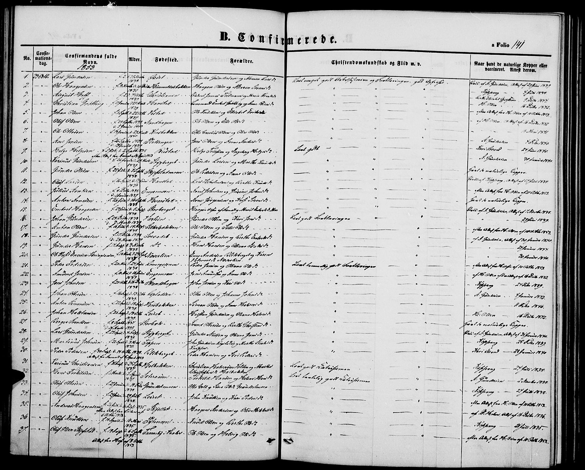 Elverum prestekontor, SAH/PREST-044/H/Ha/Hab/L0002: Klokkerbok nr. 2, 1845-1855, s. 141