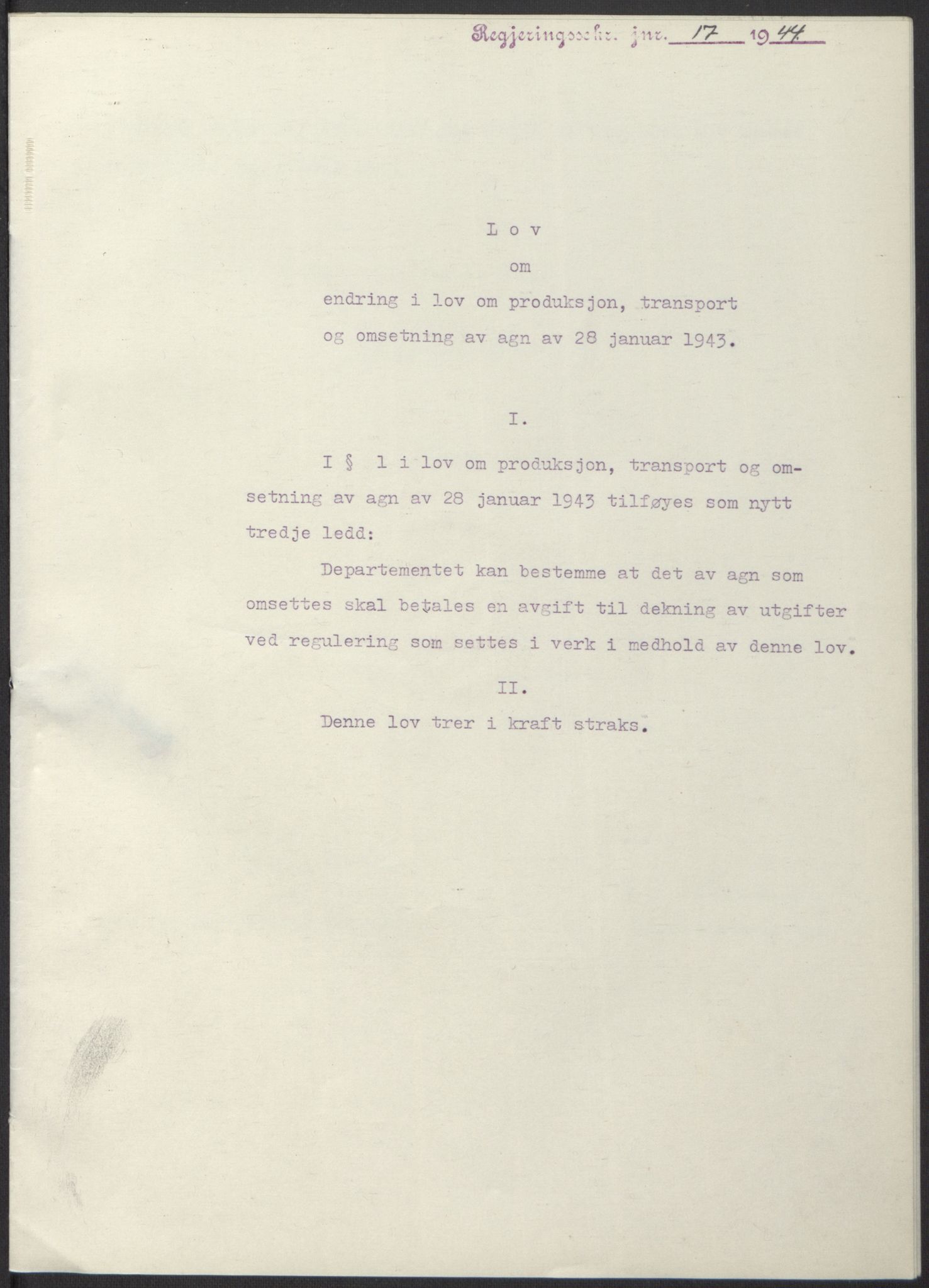 NS-administrasjonen 1940-1945 (Statsrådsekretariatet, de kommisariske statsråder mm), RA/S-4279/D/Db/L0100: Lover, 1944, s. 40