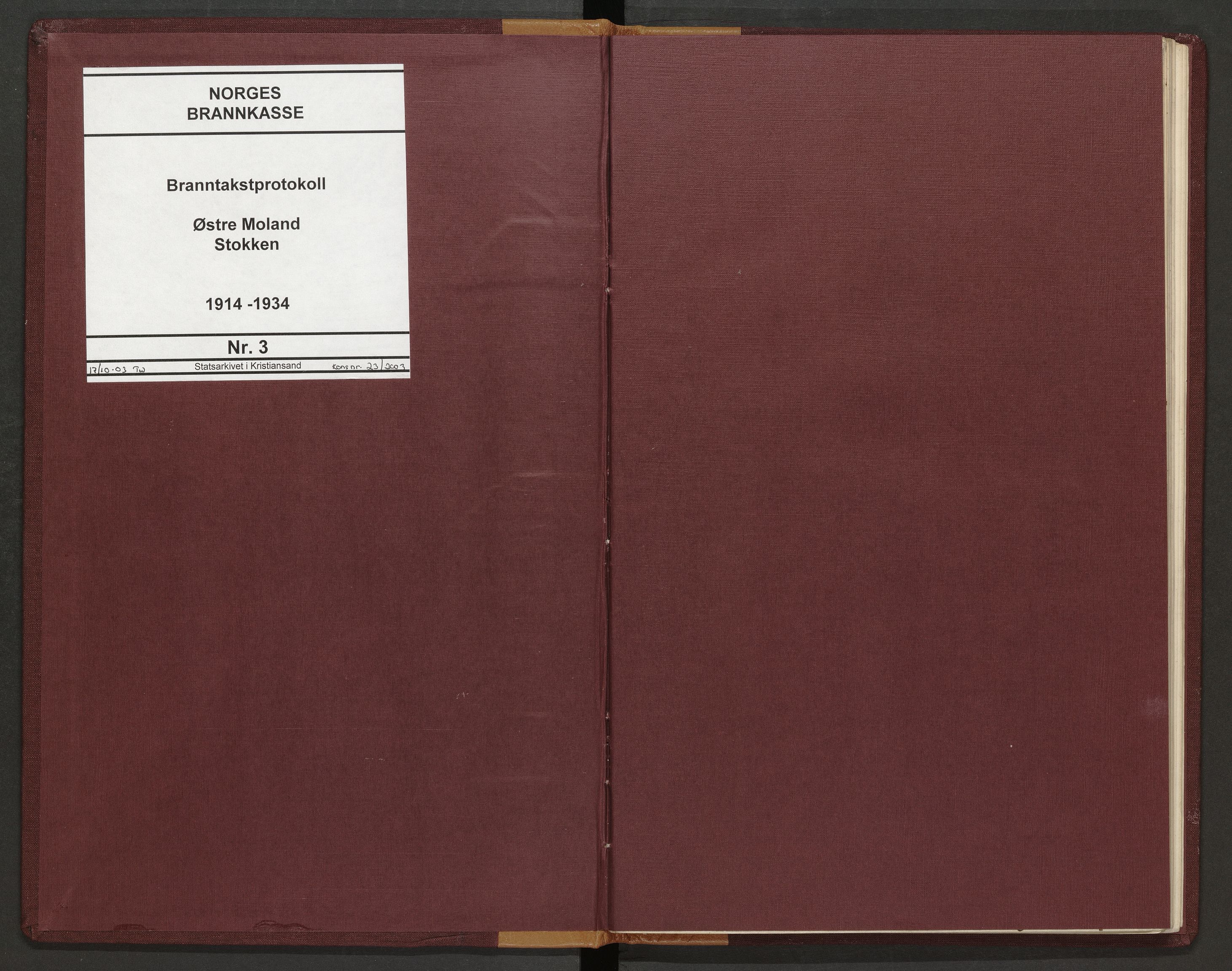 Norges Brannkasse Austre Moland og Stokken, AV/SAK-2241-0057/F/Fa/L0003: Branntakstprotokoll nr. 3 for Østre Moland og Stokken, 1914-1934