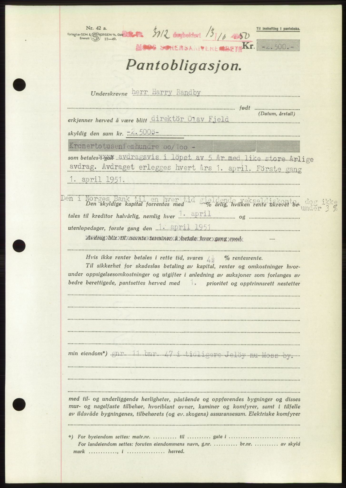 Moss sorenskriveri, SAO/A-10168: Pantebok nr. B25, 1950-1950, Dagboknr: 3012/1950