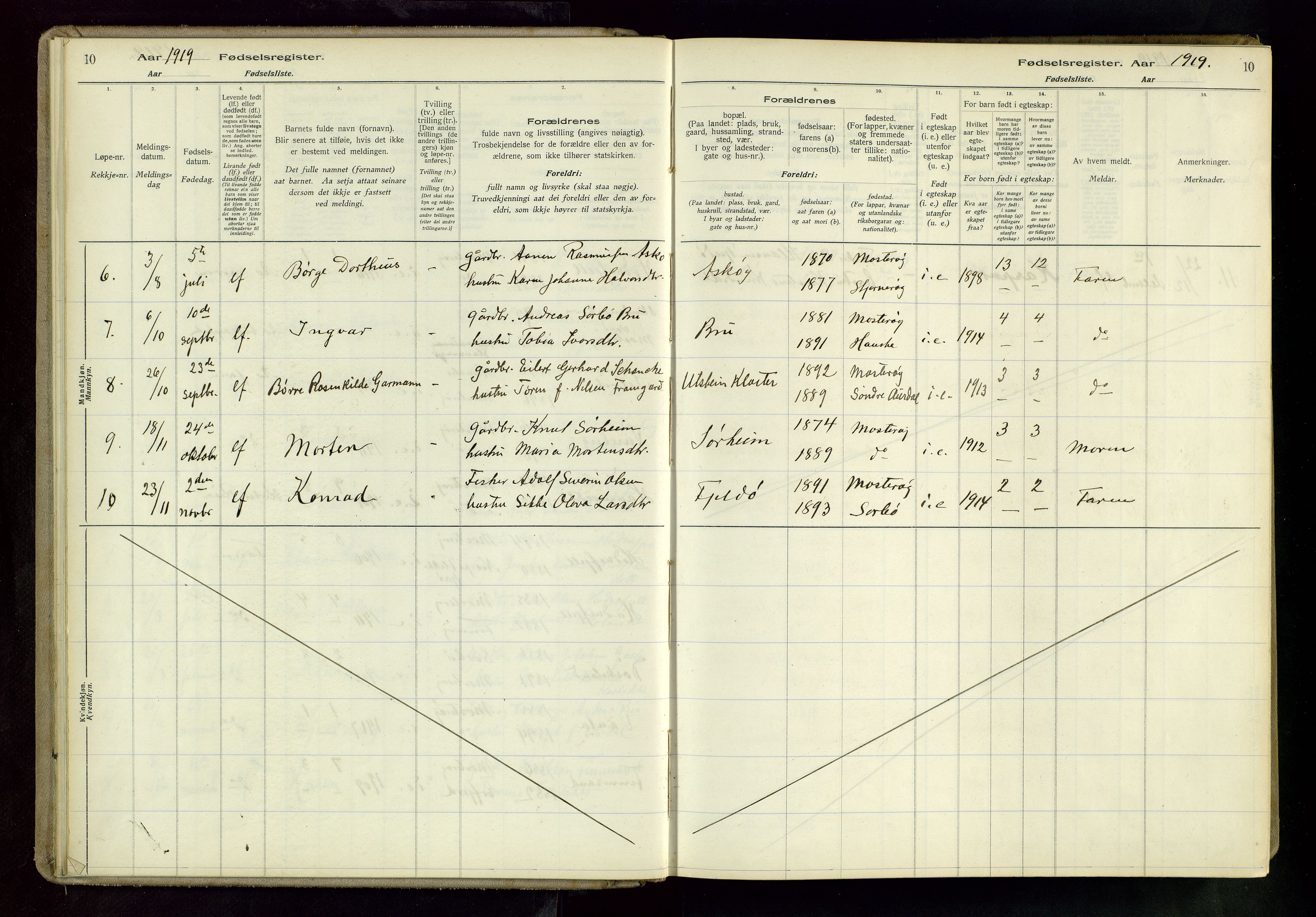 Rennesøy sokneprestkontor, AV/SAST-A -101827/I/Id/L0002: Fødselsregister nr. 2, 1916-1982, s. 10