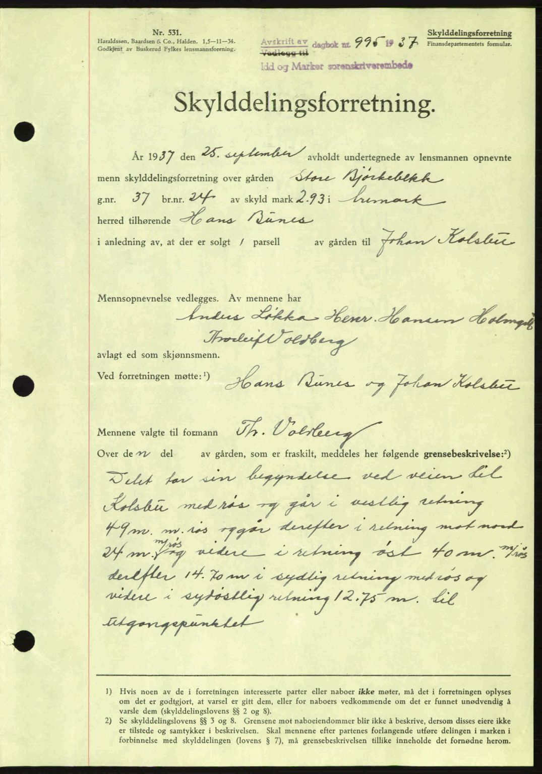 Idd og Marker sorenskriveri, AV/SAO-A-10283/G/Gb/Gbb/L0002: Pantebok nr. A2, 1937-1938, Dagboknr: 995/1937
