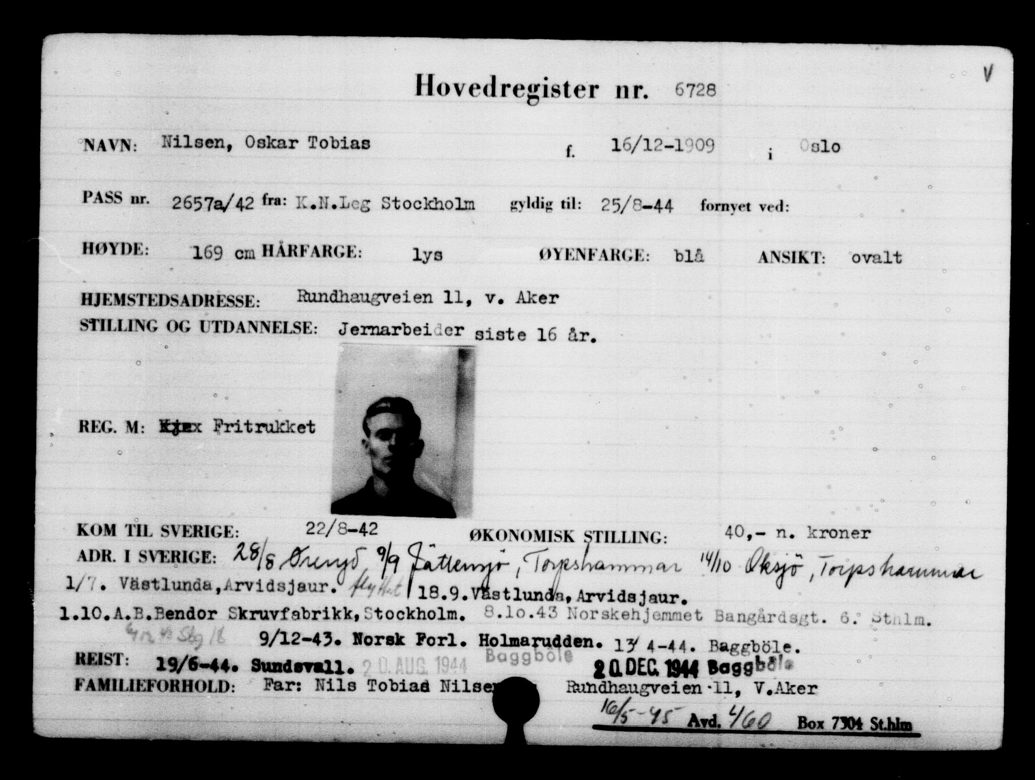Utenriksstasjonene, Legasjonen i Stockholm, Flyktningkontoret, AV/RA-S-6753/V/Va/L0005: Kjesäterkartoteket, flyktninger med registreringsnr. 6600-9417, 1940-1945, s. 159