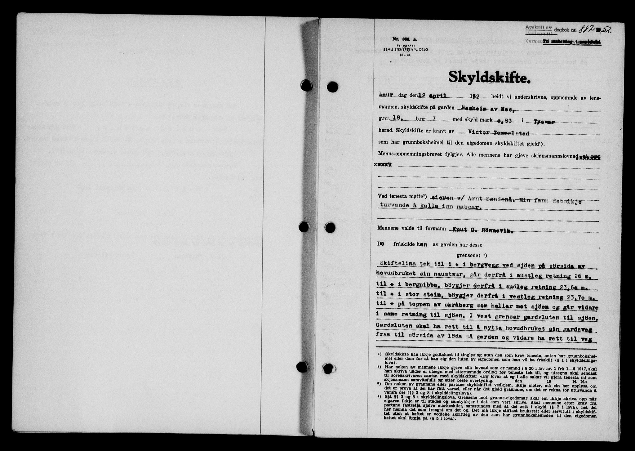 Karmsund sorenskriveri, SAST/A-100311/01/II/IIB/L0105: Pantebok nr. 85A, 1952-1952, Dagboknr: 887/1952