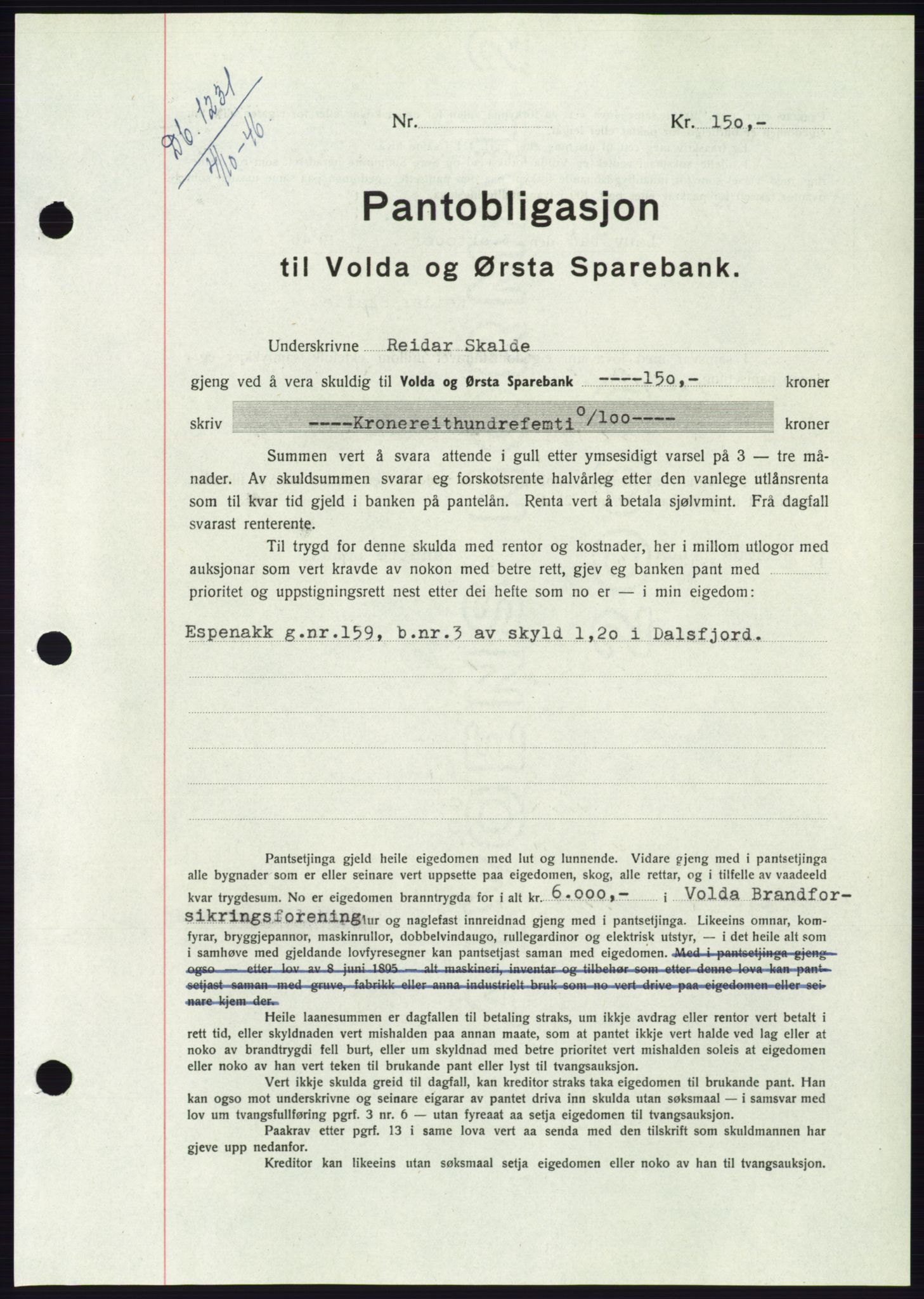 Søre Sunnmøre sorenskriveri, AV/SAT-A-4122/1/2/2C/L0114: Pantebok nr. 1-2B, 1943-1947, Dagboknr: 1231/1946