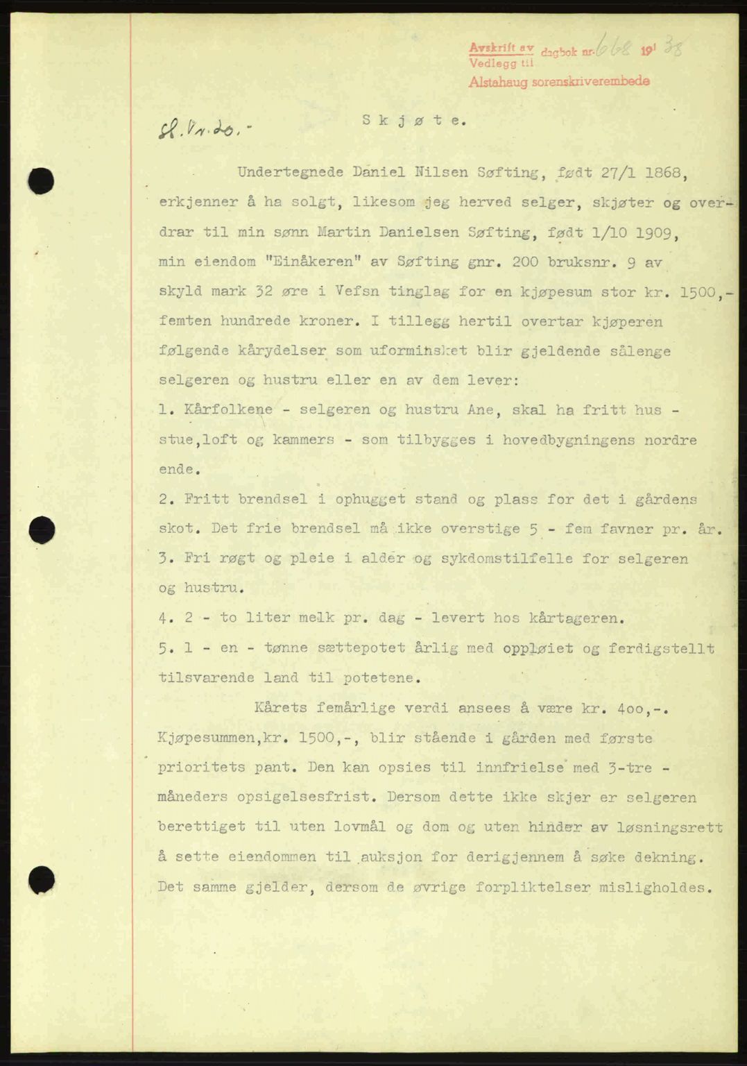Alstahaug sorenskriveri, SAT/A-1009: Pantebok nr. A3, 1937-1938, Dagboknr: 668/1938