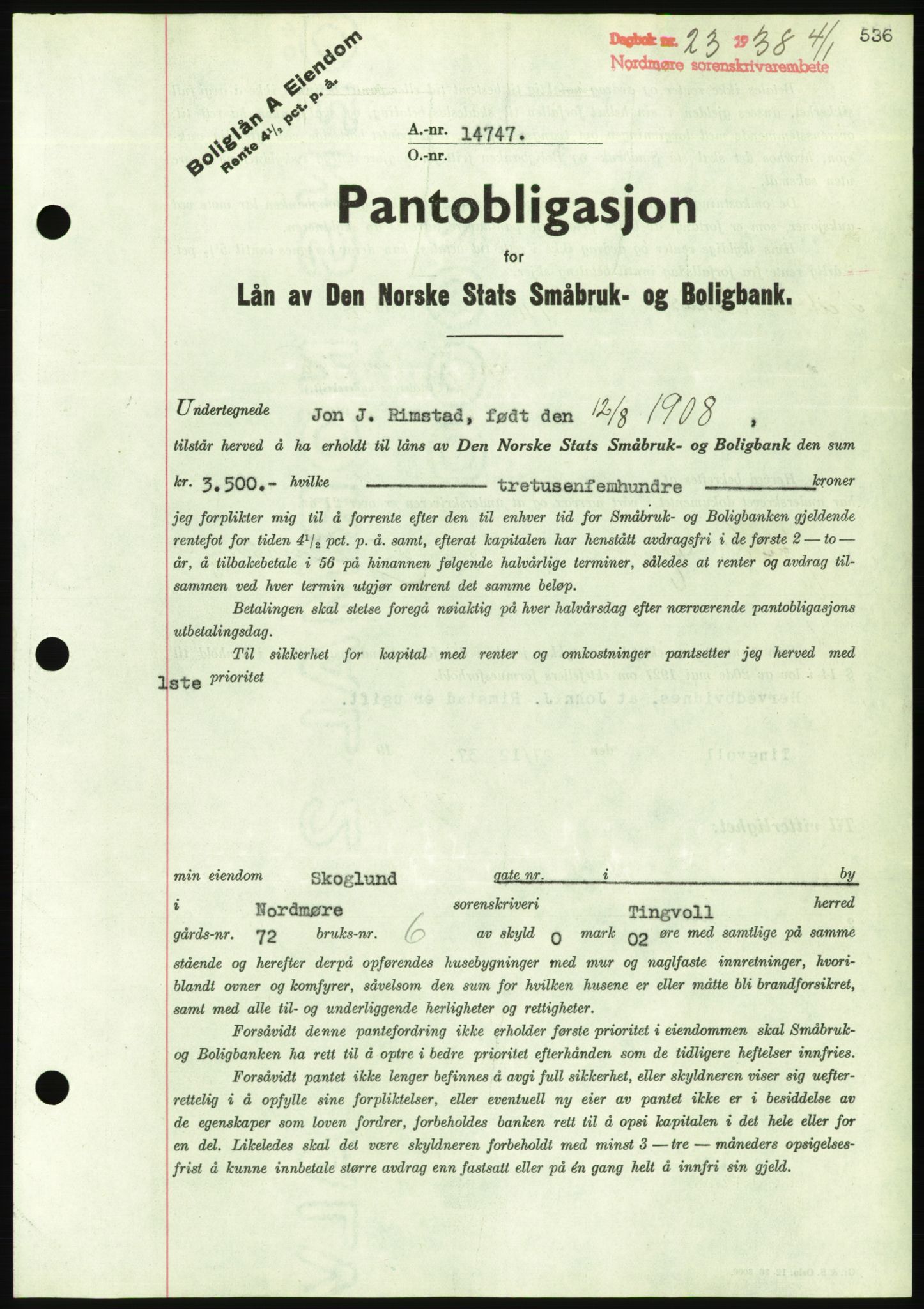 Nordmøre sorenskriveri, AV/SAT-A-4132/1/2/2Ca/L0092: Pantebok nr. B82, 1937-1938, Dagboknr: 23/1938