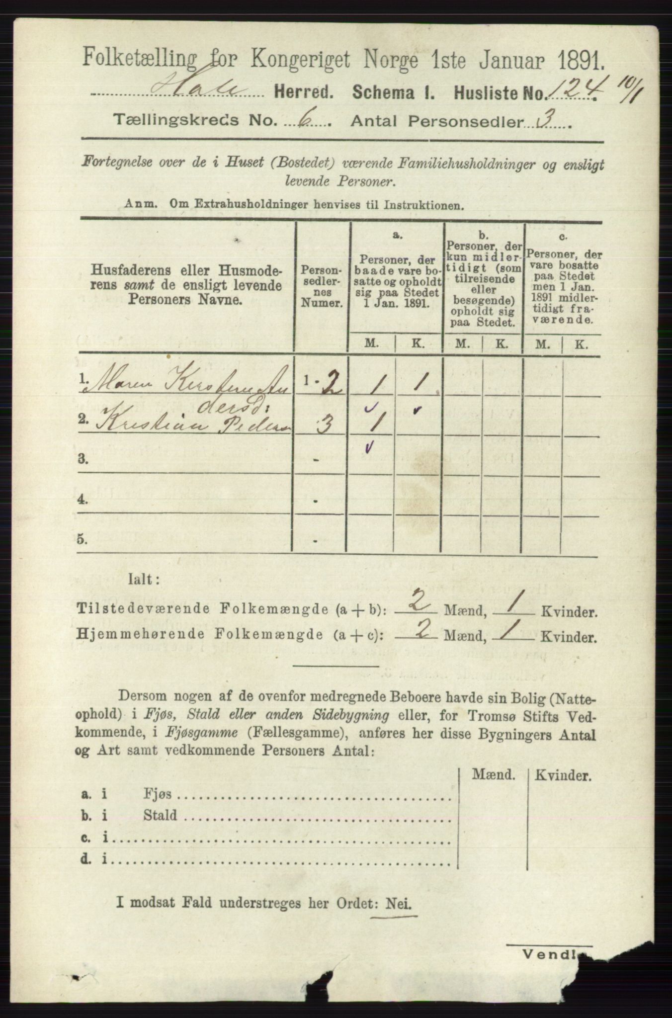 RA, Folketelling 1891 for 0612 Hole herred, 1891, s. 3101