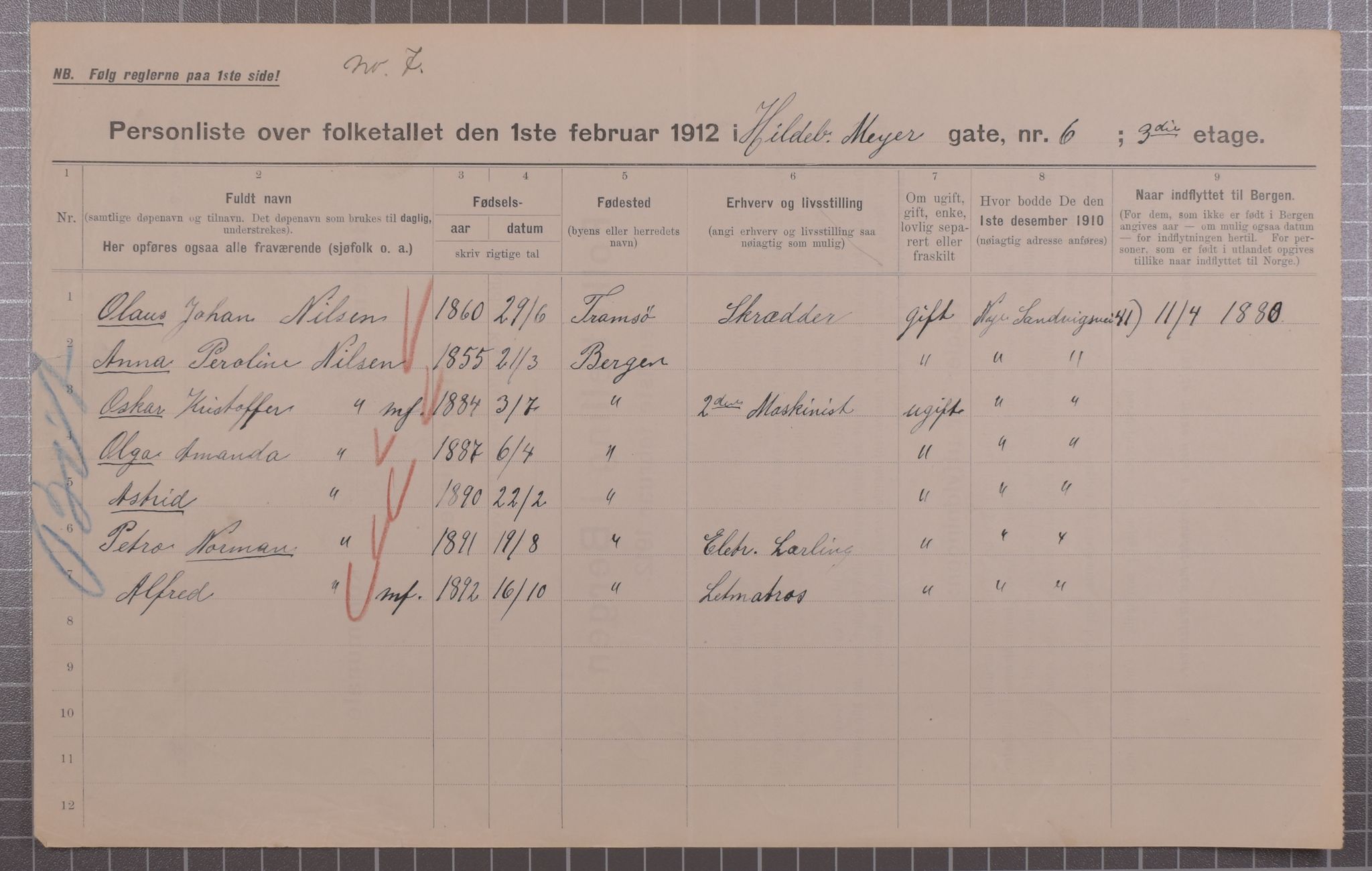 SAB, Kommunal folketelling 1912 for Bergen kjøpstad, 1912, s. 3086