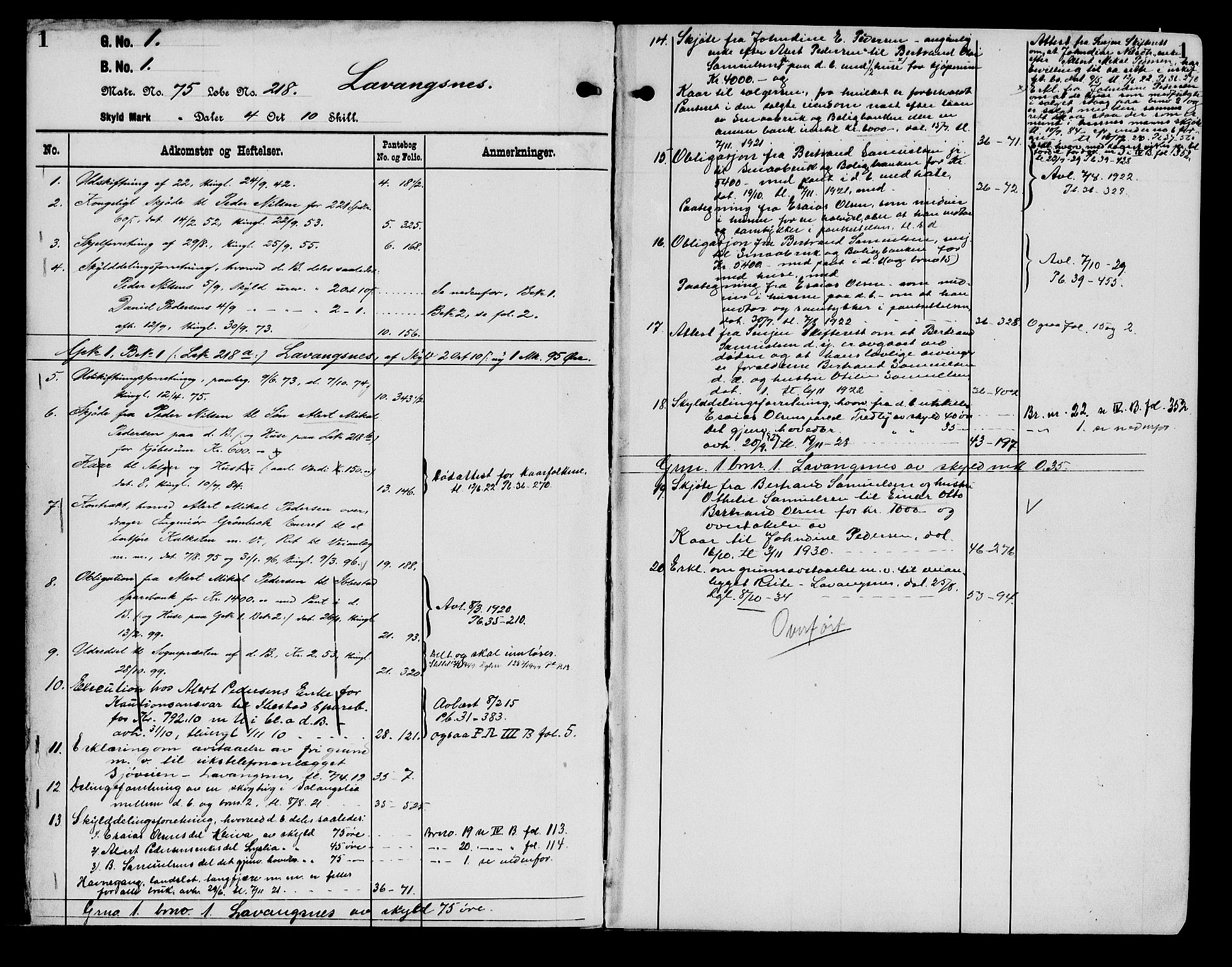 Senja sorenskriveri 1855-, AV/SATØ-S-0048/1/H/Hb/L0018: Panteregister nr. 18, s. 1
