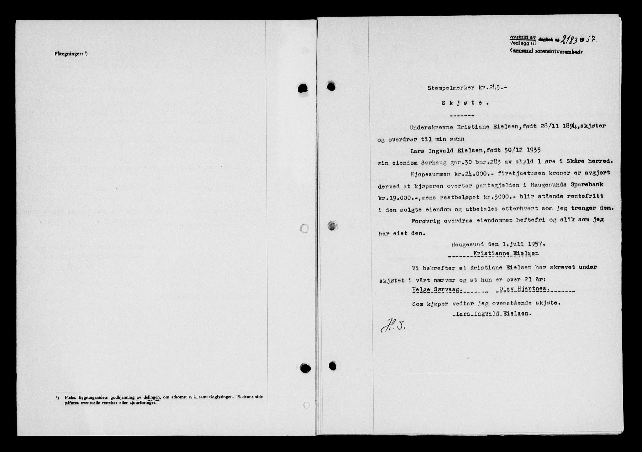 Karmsund sorenskriveri, SAST/A-100311/01/II/IIB/L0125: Pantebok nr. 105A, 1957-1957, Dagboknr: 2183/1957