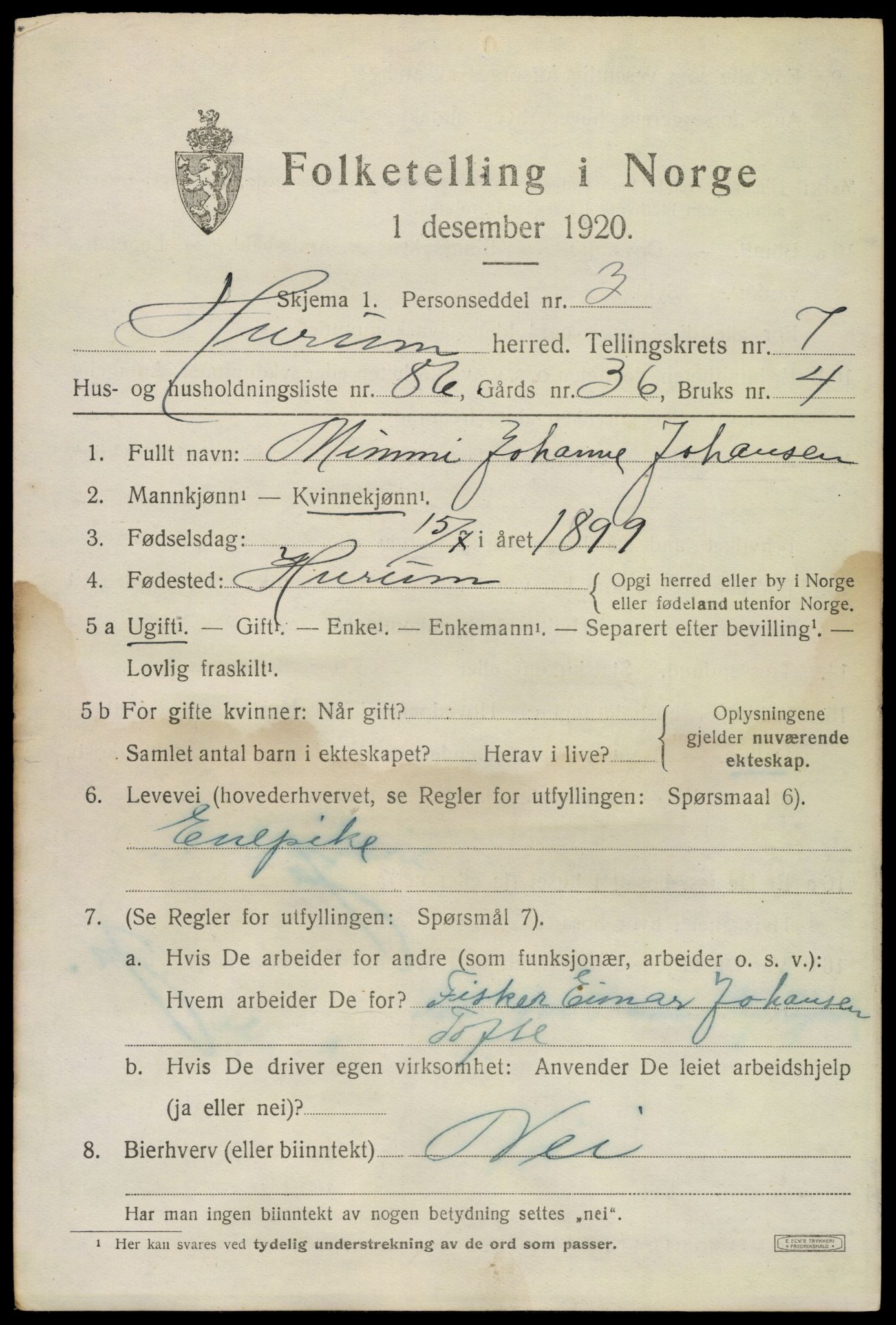 SAKO, Folketelling 1920 for 0628 Hurum herred, 1920, s. 10084