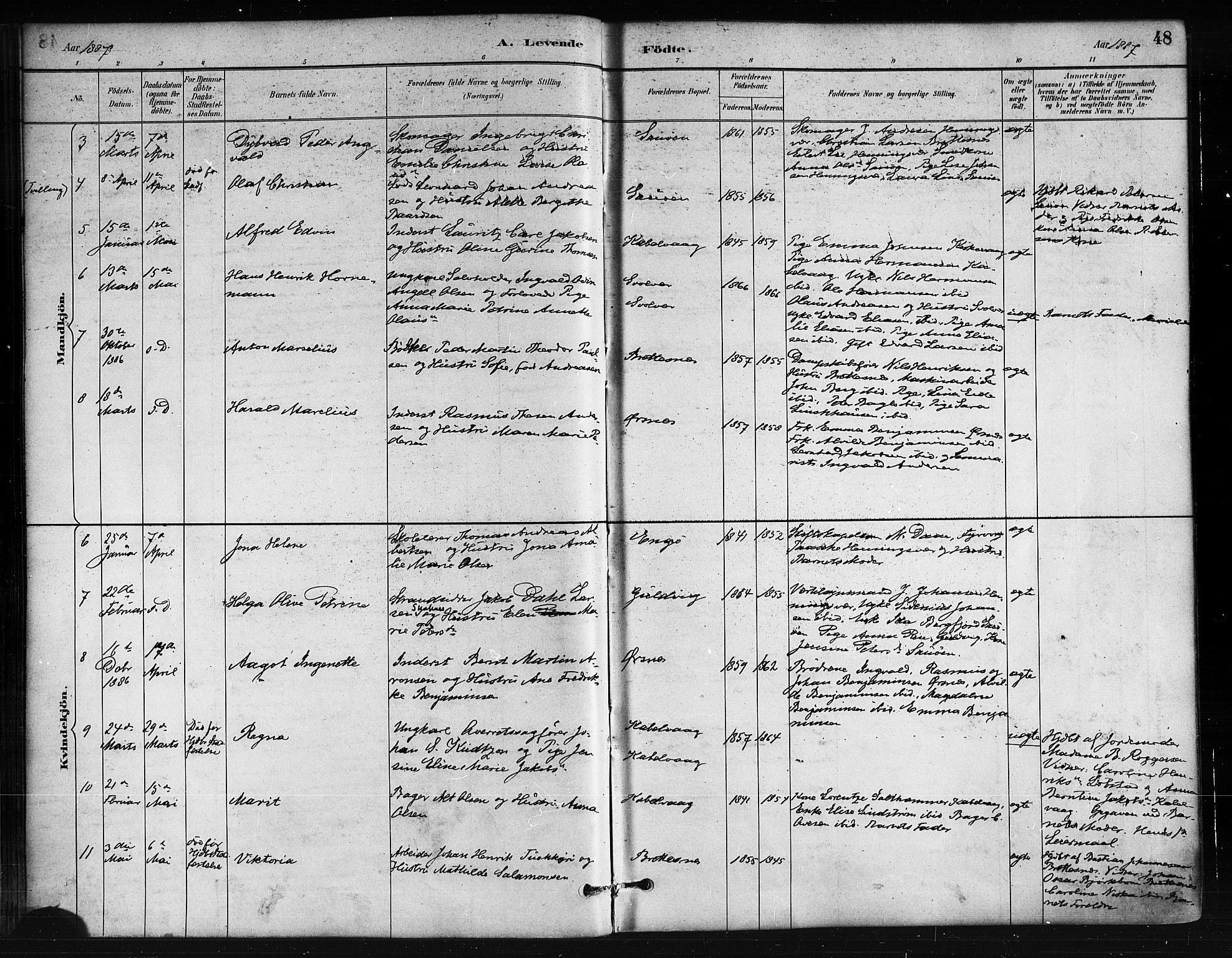 Ministerialprotokoller, klokkerbøker og fødselsregistre - Nordland, SAT/A-1459/874/L1059: Ministerialbok nr. 874A03, 1884-1890, s. 48