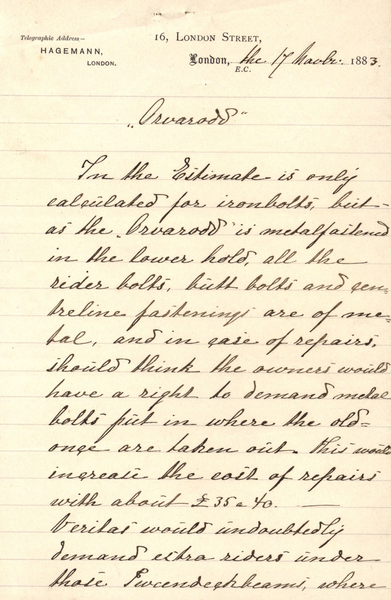 Pa 63 - Østlandske skibsassuranceforening, VEMU/A-1079/G/Ga/L0016/0005: Havaridokumenter / Ørvarodd av Skudesnæs, 1883