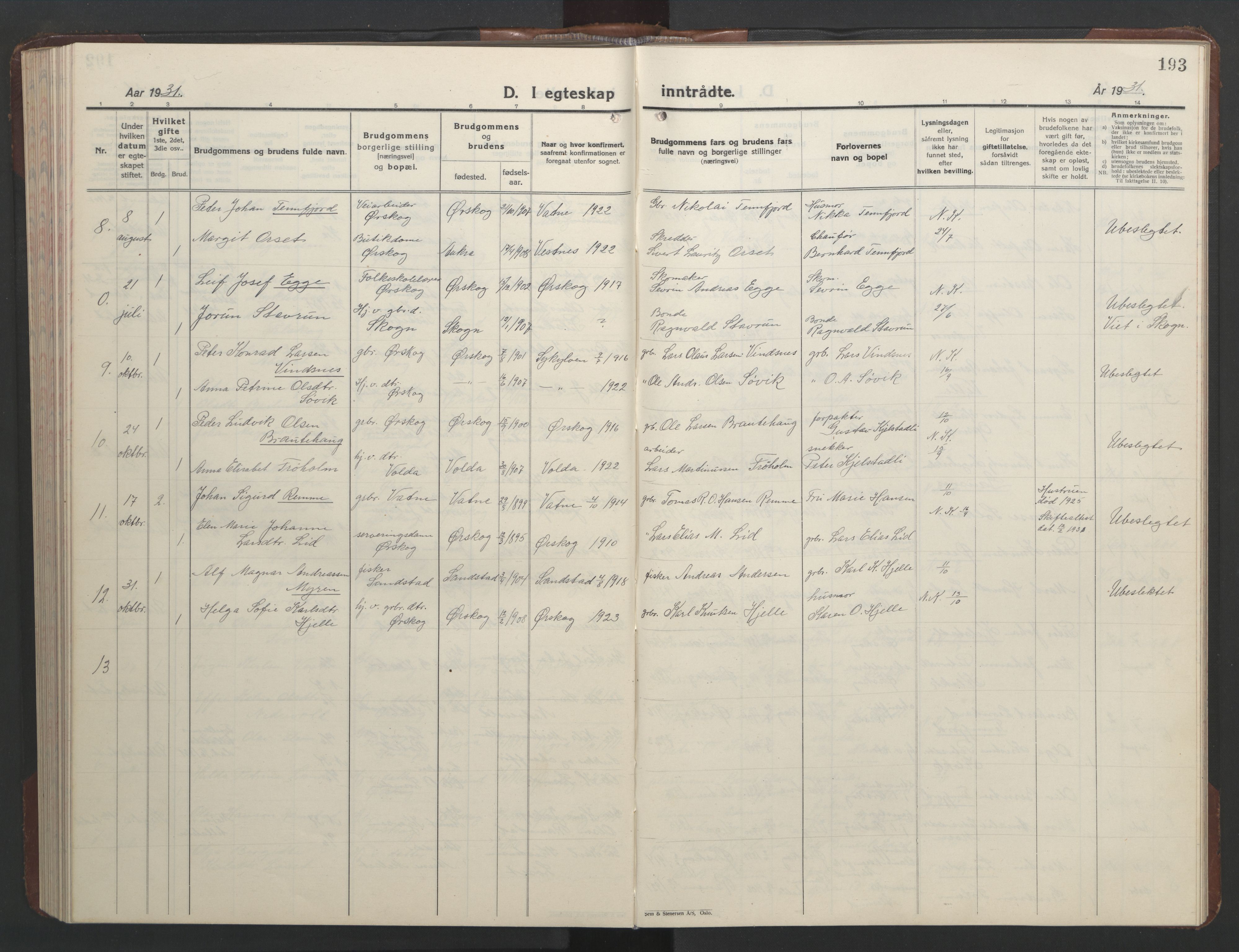 Ministerialprotokoller, klokkerbøker og fødselsregistre - Møre og Romsdal, AV/SAT-A-1454/522/L0329: Klokkerbok nr. 522C08, 1926-1951, s. 193