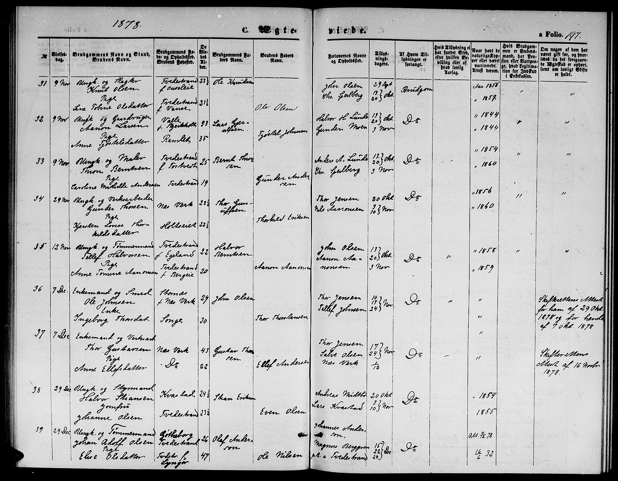 Holt sokneprestkontor, AV/SAK-1111-0021/F/Fb/L0009: Klokkerbok nr. B 9, 1871-1883, s. 197