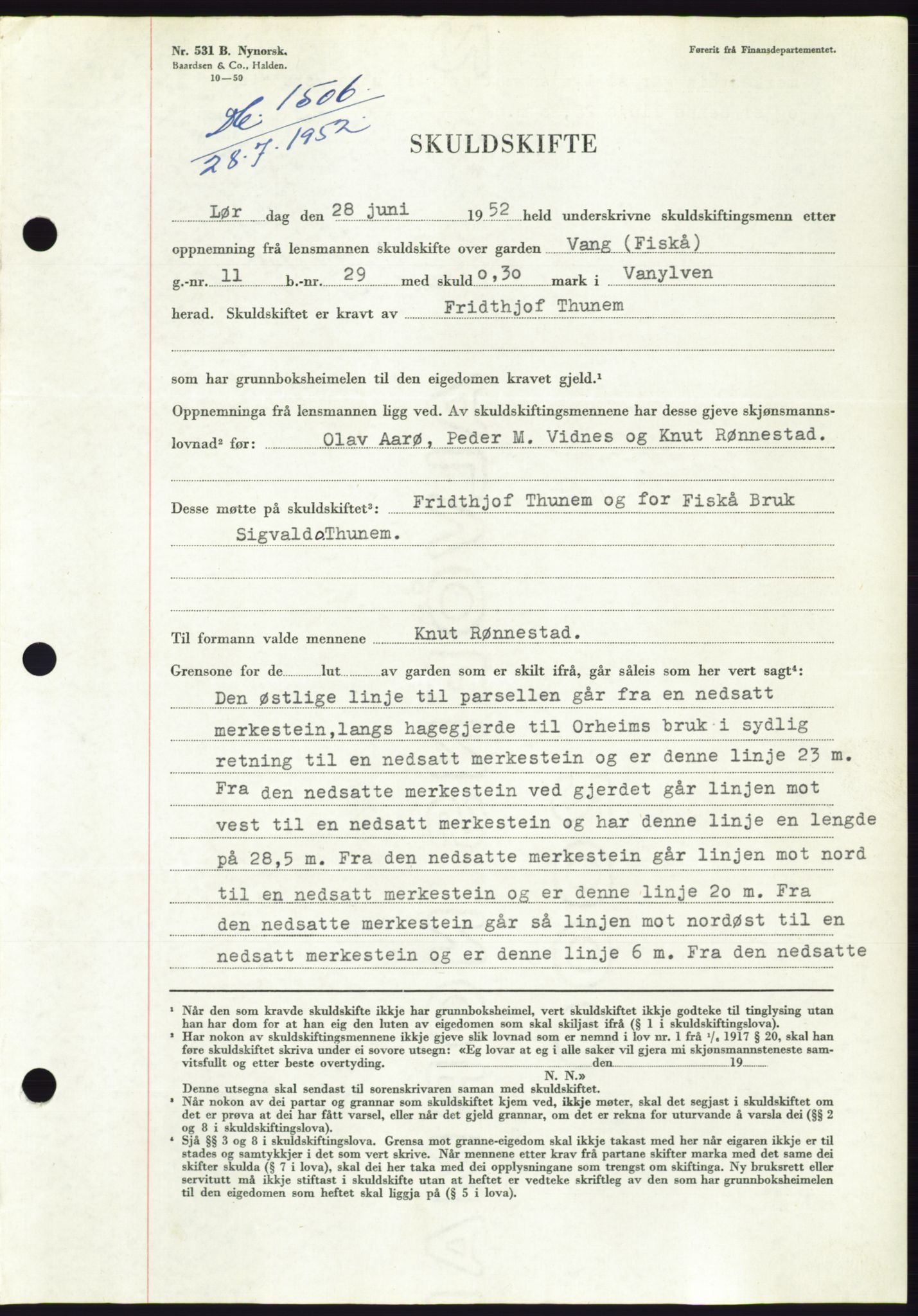 Søre Sunnmøre sorenskriveri, AV/SAT-A-4122/1/2/2C/L0092: Pantebok nr. 18A, 1952-1952, Dagboknr: 1506/1952