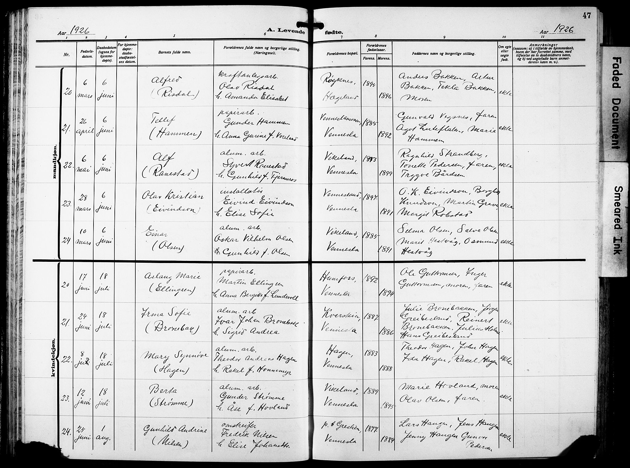 Vennesla sokneprestkontor, AV/SAK-1111-0045/Fb/Fbb/L0007: Klokkerbok nr. B 7, 1922-1933, s. 47