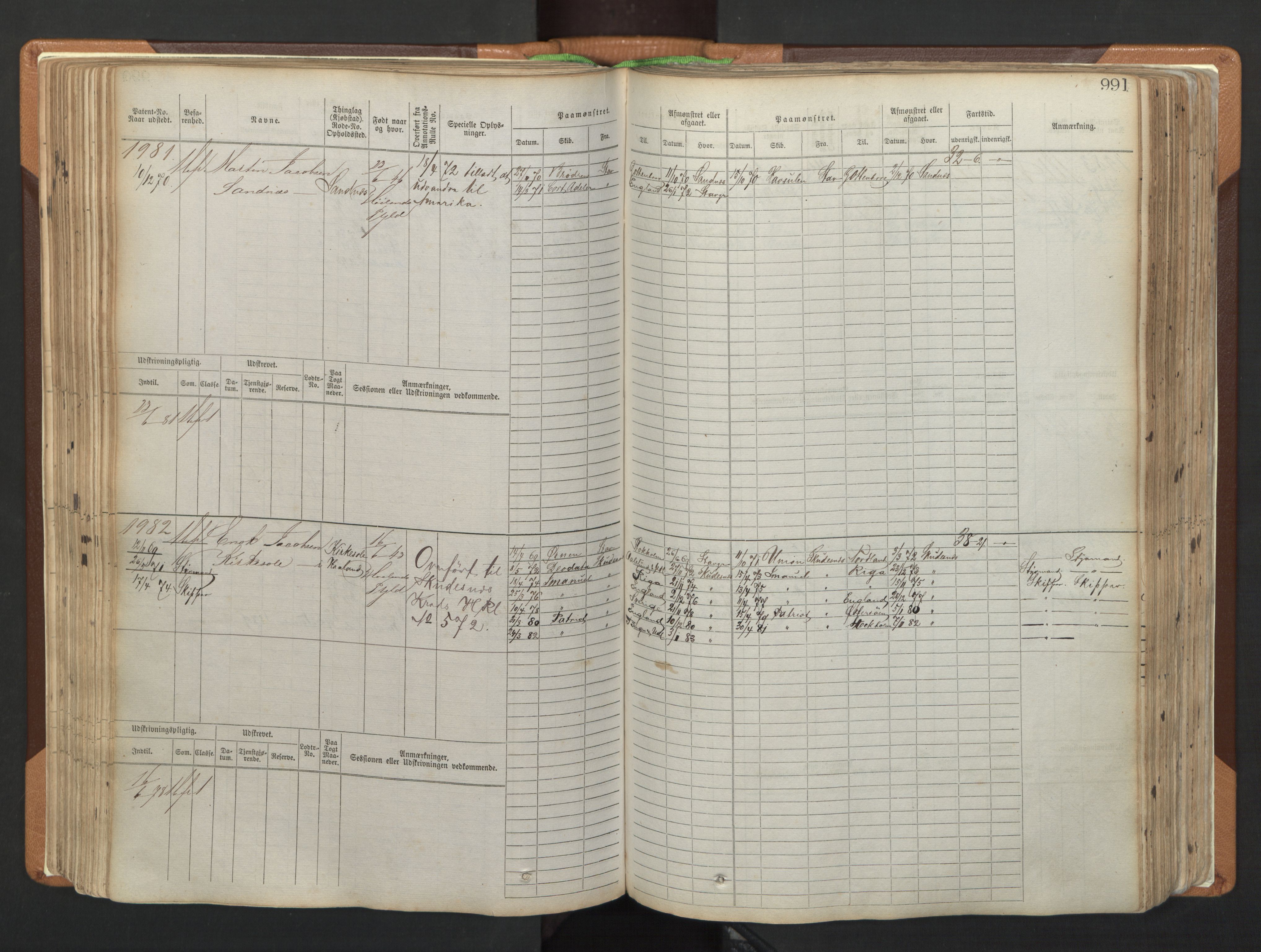 Stavanger sjømannskontor, AV/SAST-A-102006/F/Fb/Fbb/L0006: Sjøfartshovedrulle, patentnr. 1607-2402 (del 3), 1869-1880, s. 191