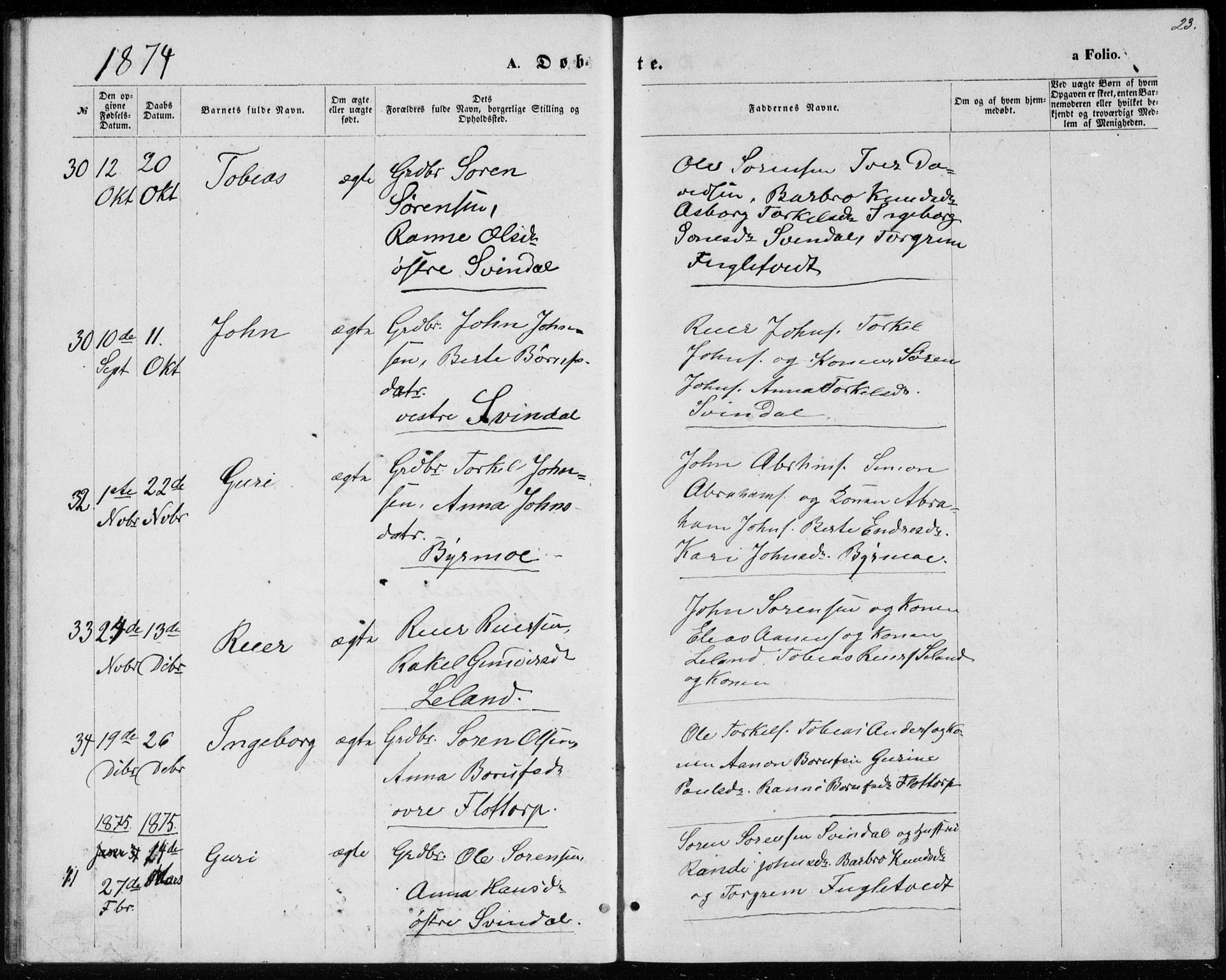 Bjelland sokneprestkontor, AV/SAK-1111-0005/F/Fb/Fbc/L0002: Klokkerbok nr. B 2, 1867-1887, s. 23