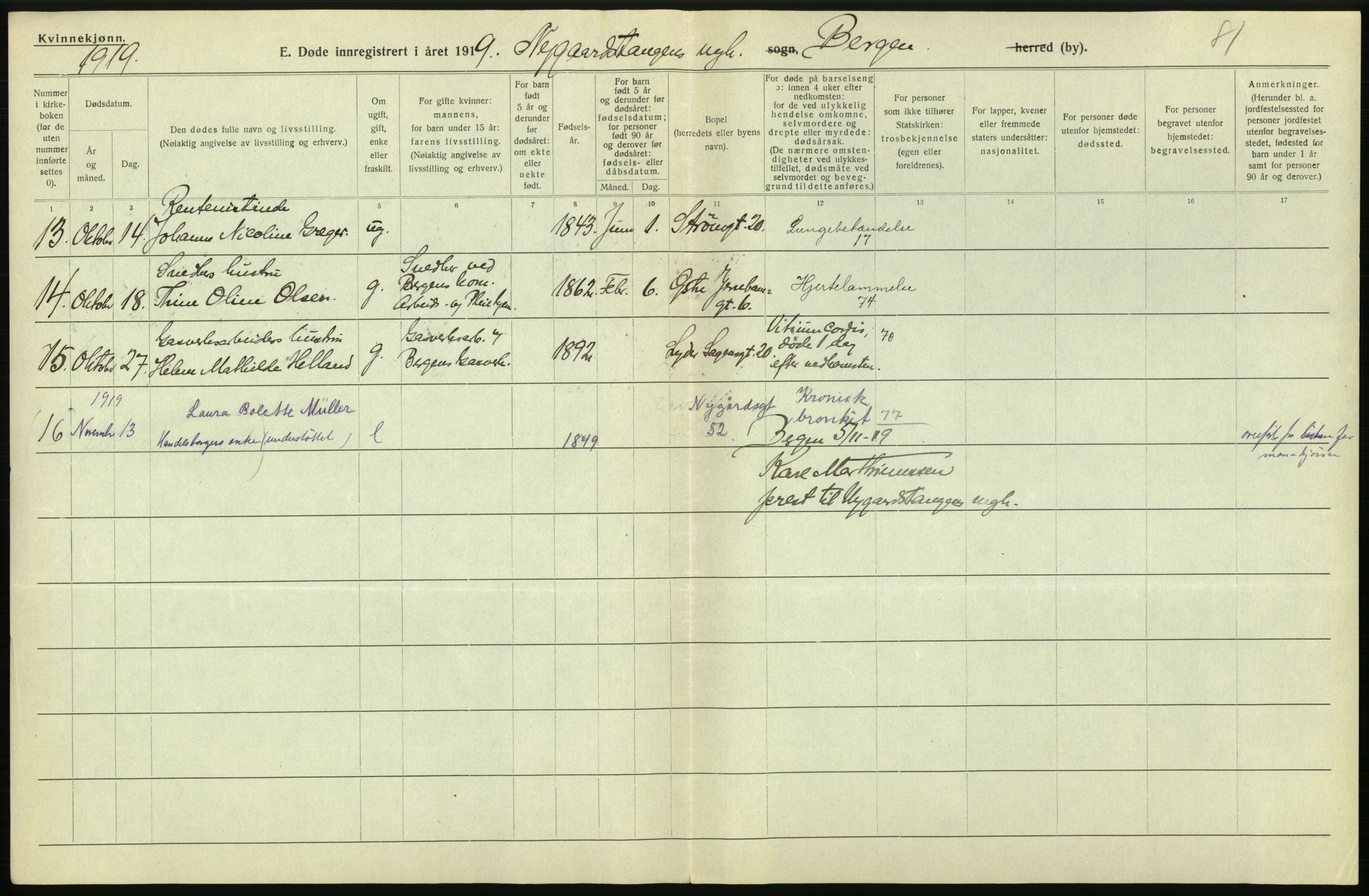 Statistisk sentralbyrå, Sosiodemografiske emner, Befolkning, RA/S-2228/D/Df/Dfb/Dfbi/L0035: Bergen: Gifte, døde, dødfødte., 1919, s. 294