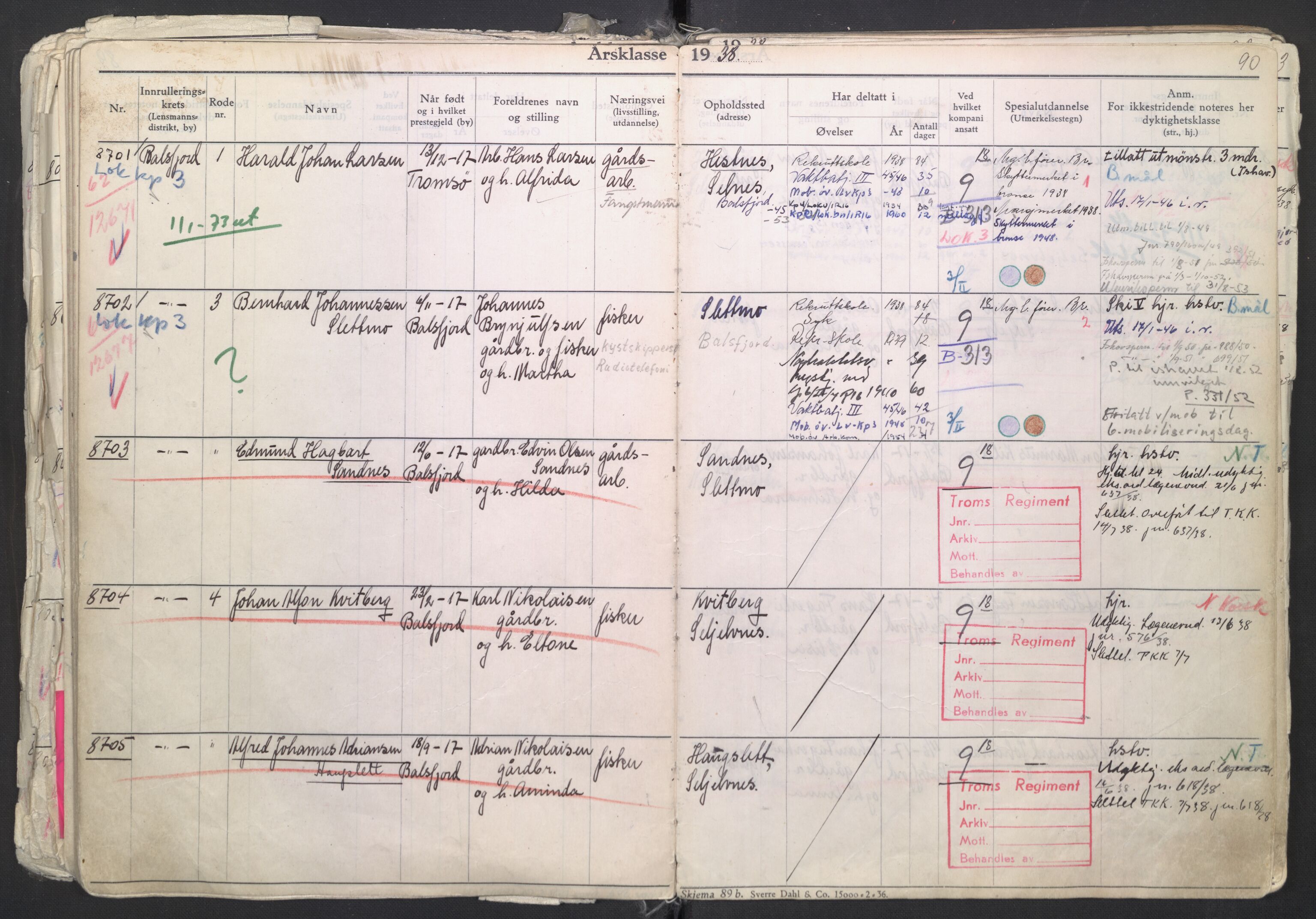 Forsvaret, Troms infanteriregiment nr. 16, AV/RA-RAFA-3146/P/Pa/L0007/0003: Ruller / Rulle for regimentets menige mannskaper, årsklasse 1938, 1938, s. 90