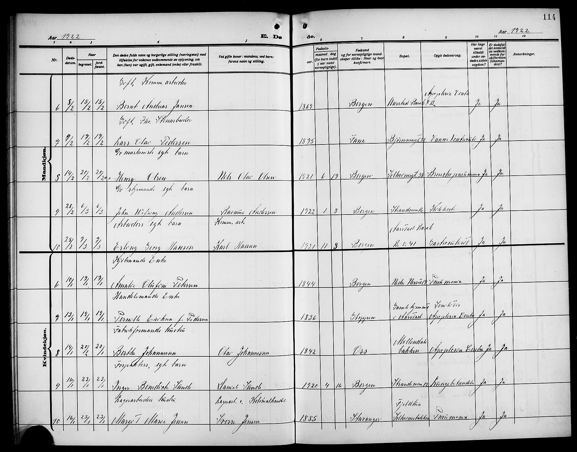 Årstad Sokneprestembete, AV/SAB-A-79301/H/Hab/L0024: Klokkerbok nr. D 1, 1915-1922, s. 114