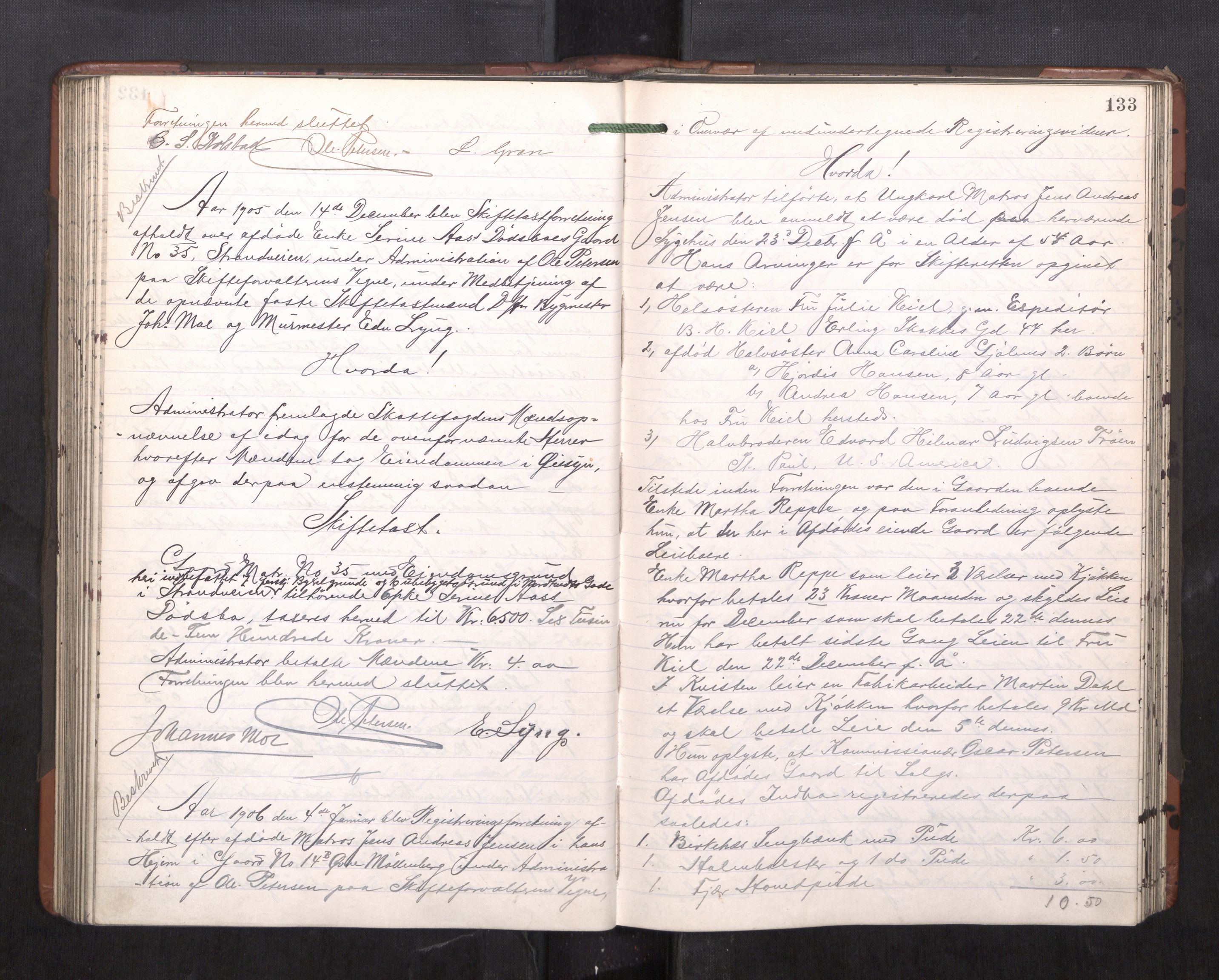 Trondheim byfogd, AV/SAT-A-0003/1/3/3C/L0023: Skifteregistreringsprotokoll - 11/2-15/5. (u/ register), 1905-1907, s. 133