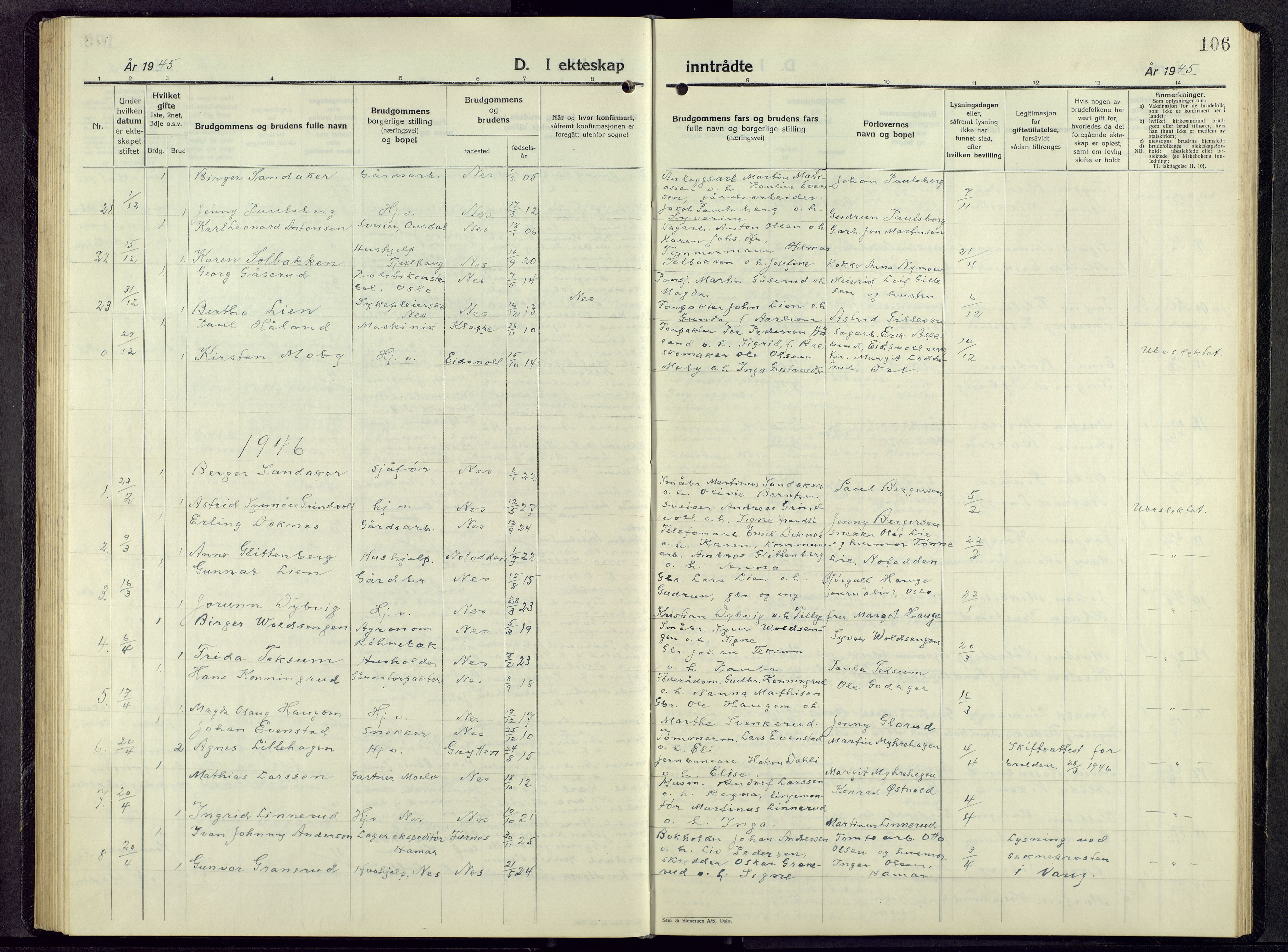 Nes prestekontor, Hedmark, SAH/PREST-020/L/La/L0014: Klokkerbok nr. 14, 1948-1967, s. 106