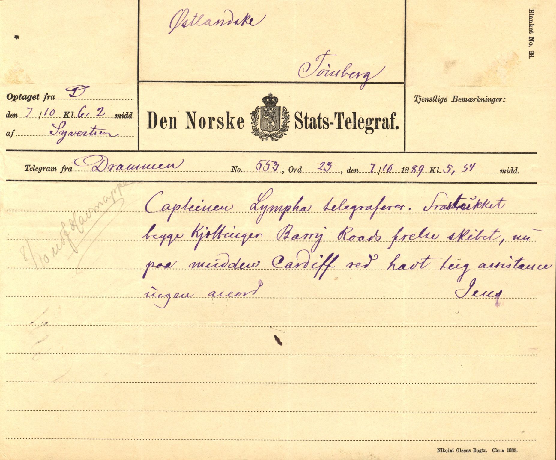 Pa 63 - Østlandske skibsassuranceforening, VEMU/A-1079/G/Ga/L0023/0011: Havaridokumenter / Joanchas, Lympha, Glengarin, Korsvei, Heldine, Sirius, 1889, s. 30