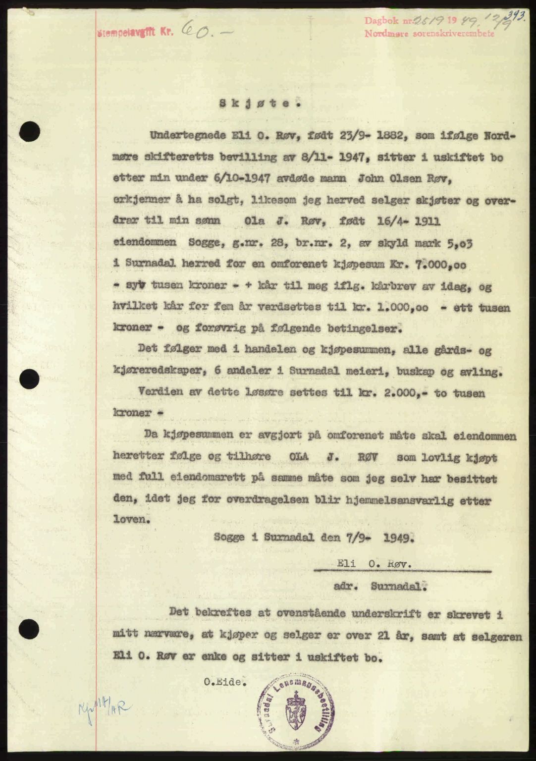 Nordmøre sorenskriveri, SAT/A-4132/1/2/2Ca: Pantebok nr. A112, 1949-1949, Dagboknr: 2519/1949