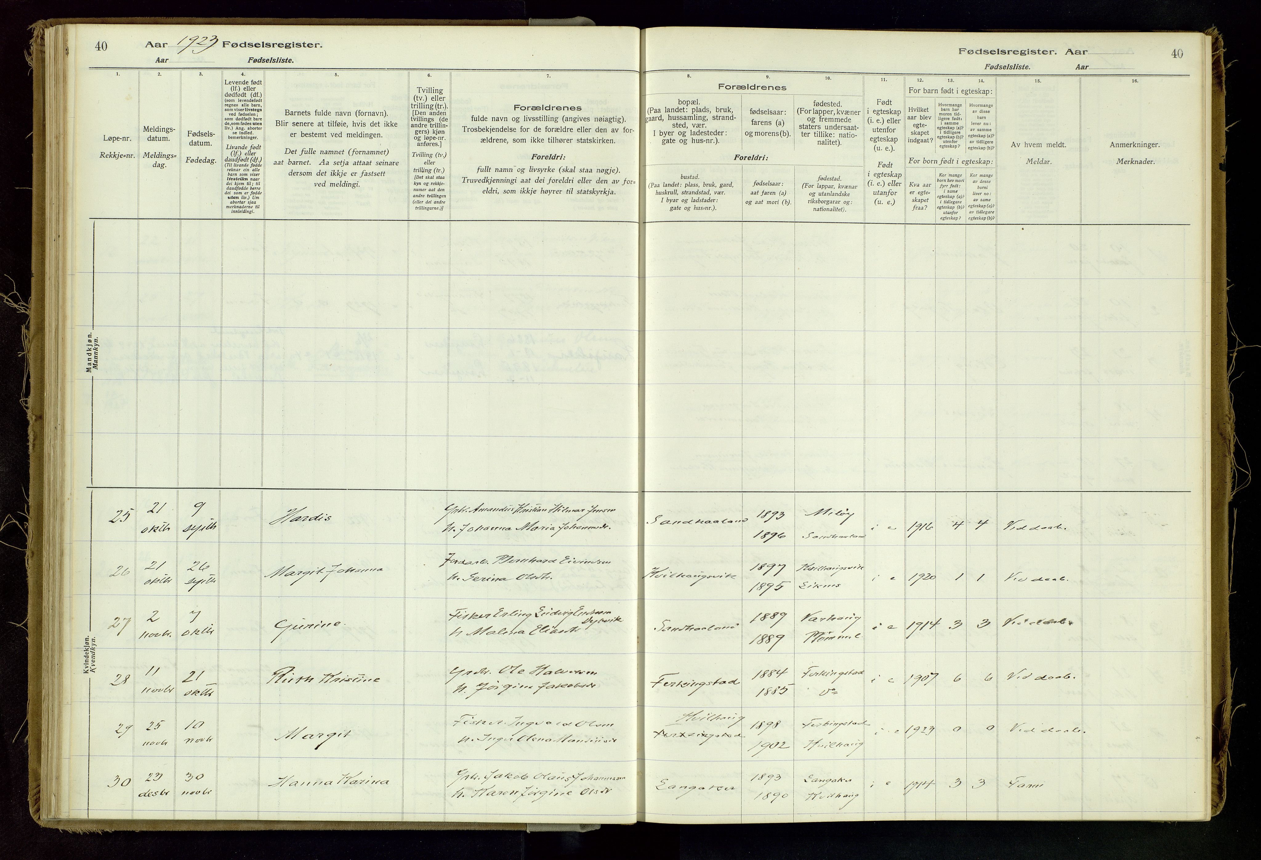 Skudenes sokneprestkontor, SAST/A -101849/I/Id/L0002: Fødselsregister nr. 2, 1916-1962, s. 40