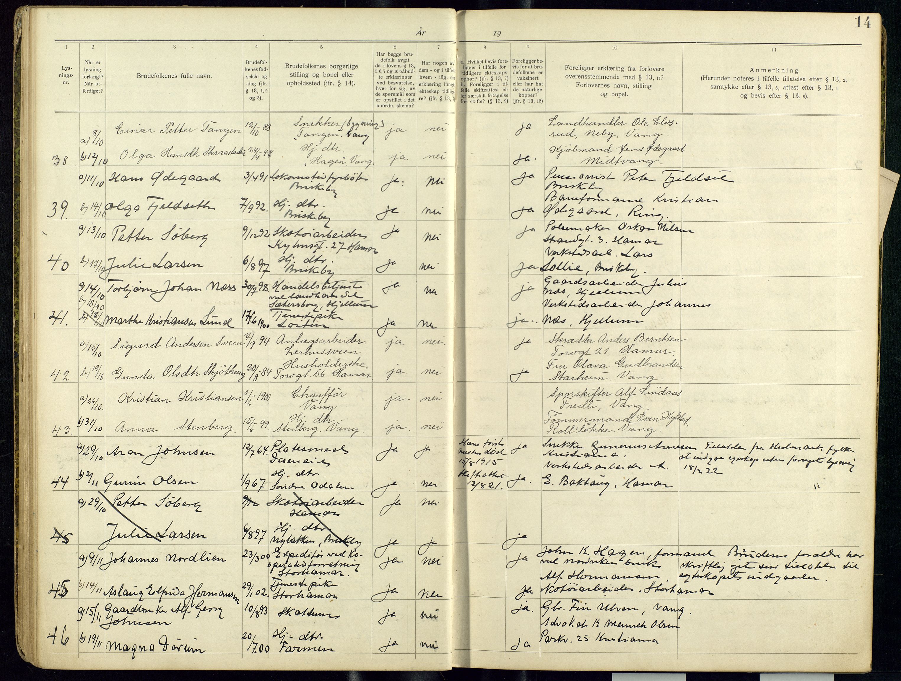 Vang prestekontor, Hedmark, AV/SAH-PREST-008/I/Ie/L0001/0001: Lysningsprotokoll nr. 1, 1919-1938, s. 14