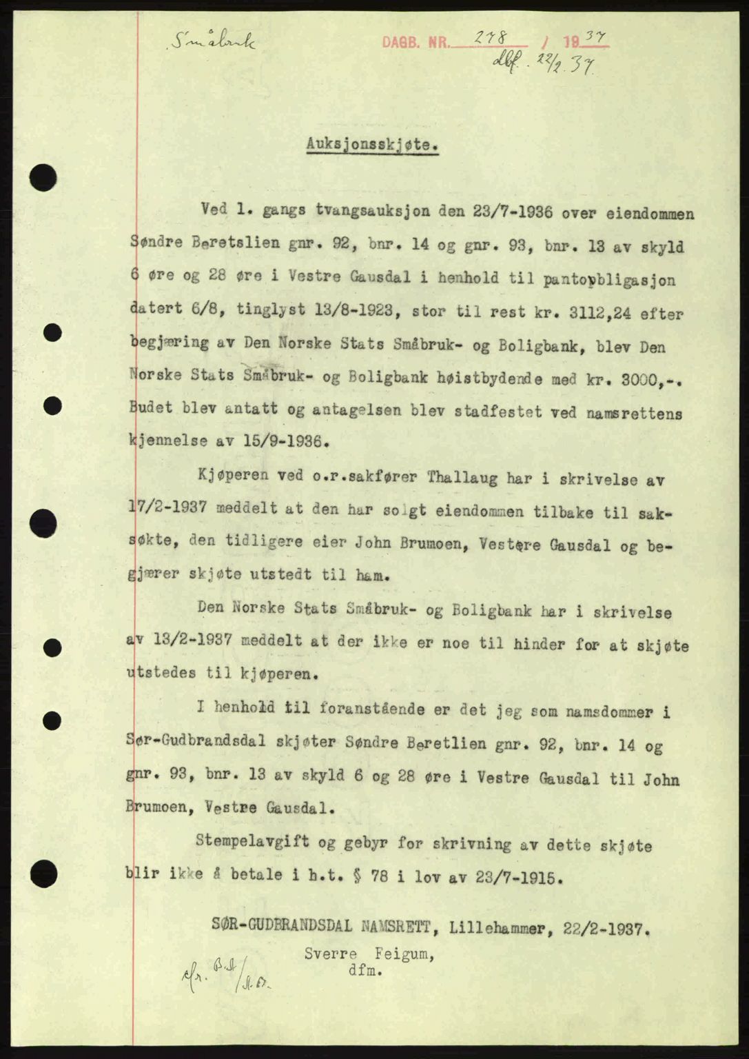 Sør-Gudbrandsdal tingrett, SAH/TING-004/H/Hb/Hbd/L0002: Pantebok nr. A2, 1936-1937, Dagboknr: 278/1937