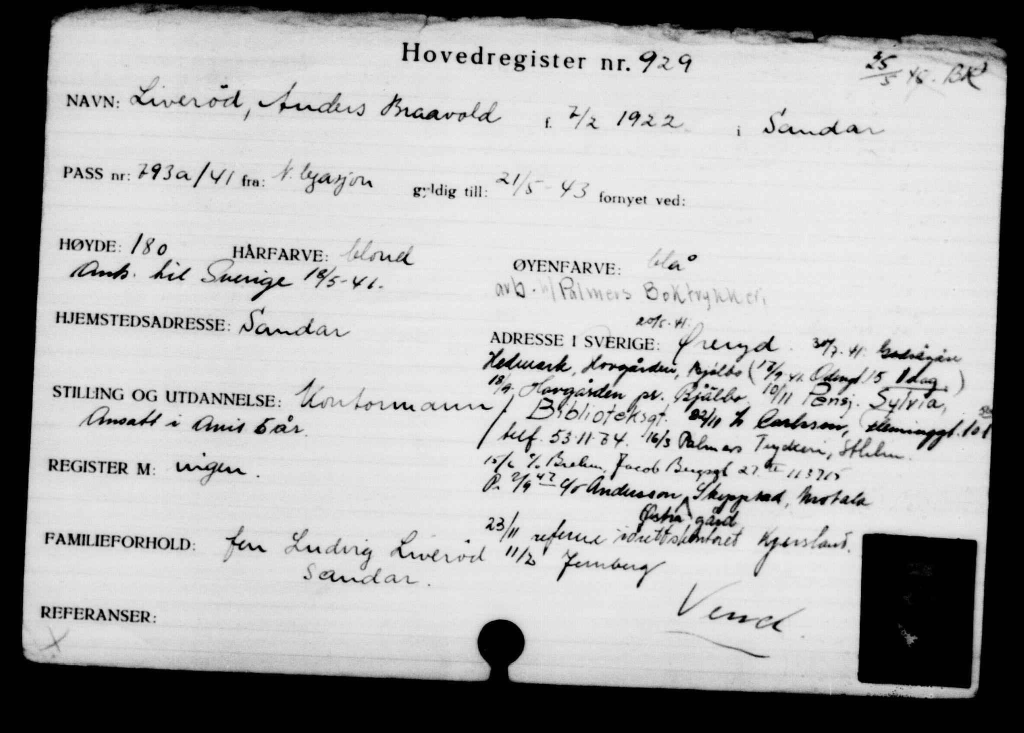 Utenriksstasjonene, Legasjonen i Stockholm, Flyktningkontoret, AV/RA-S-6753/V/Va/L0001: Kjesäterkartoteket, flyktninger med registreringsnr. 1-1000, 1940-1945, s. 1455