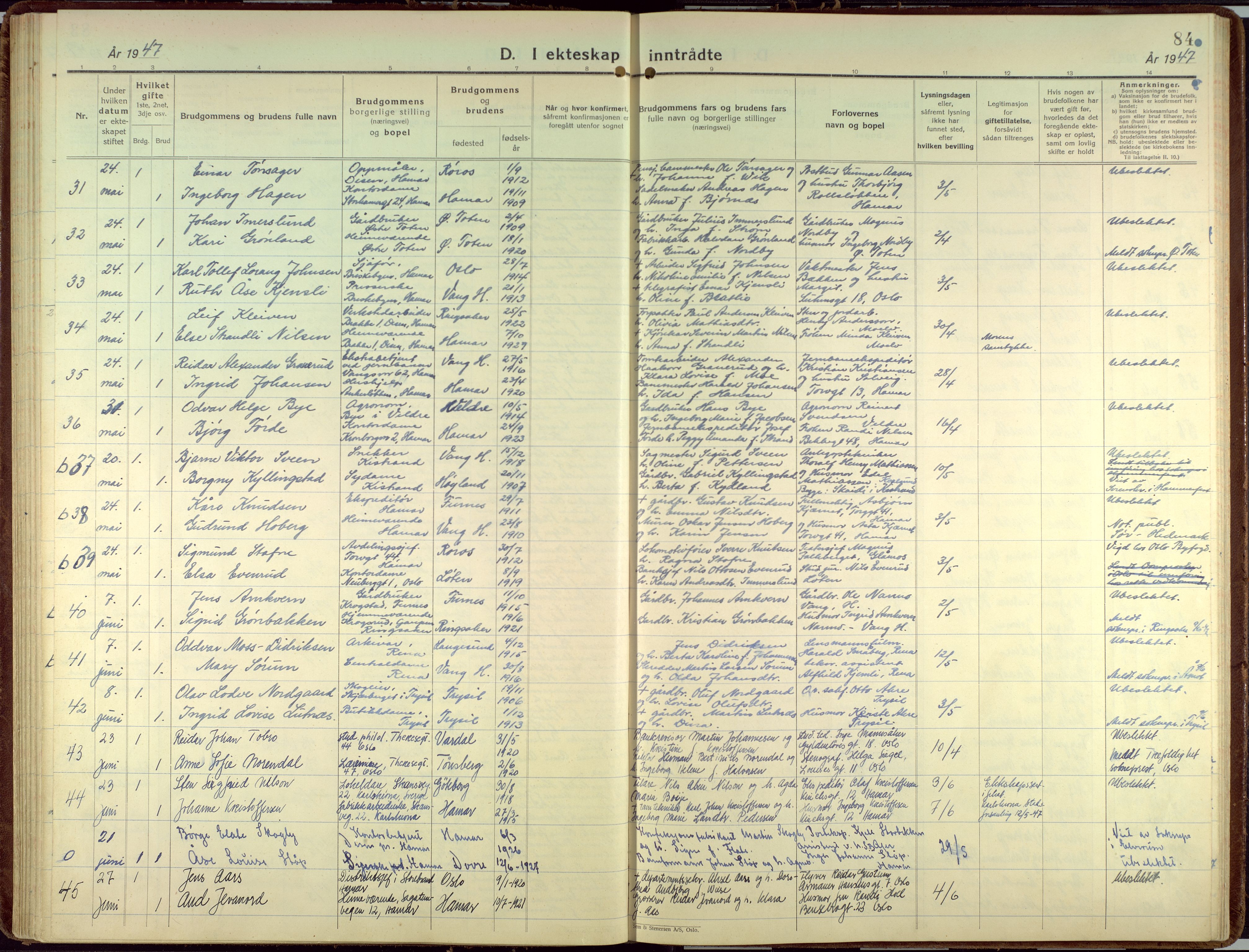 Hamar prestekontor, AV/SAH-DOMPH-002/H/Ha/Haa/L0006: Ministerialbok nr. 6, 1931-1953, s. 84