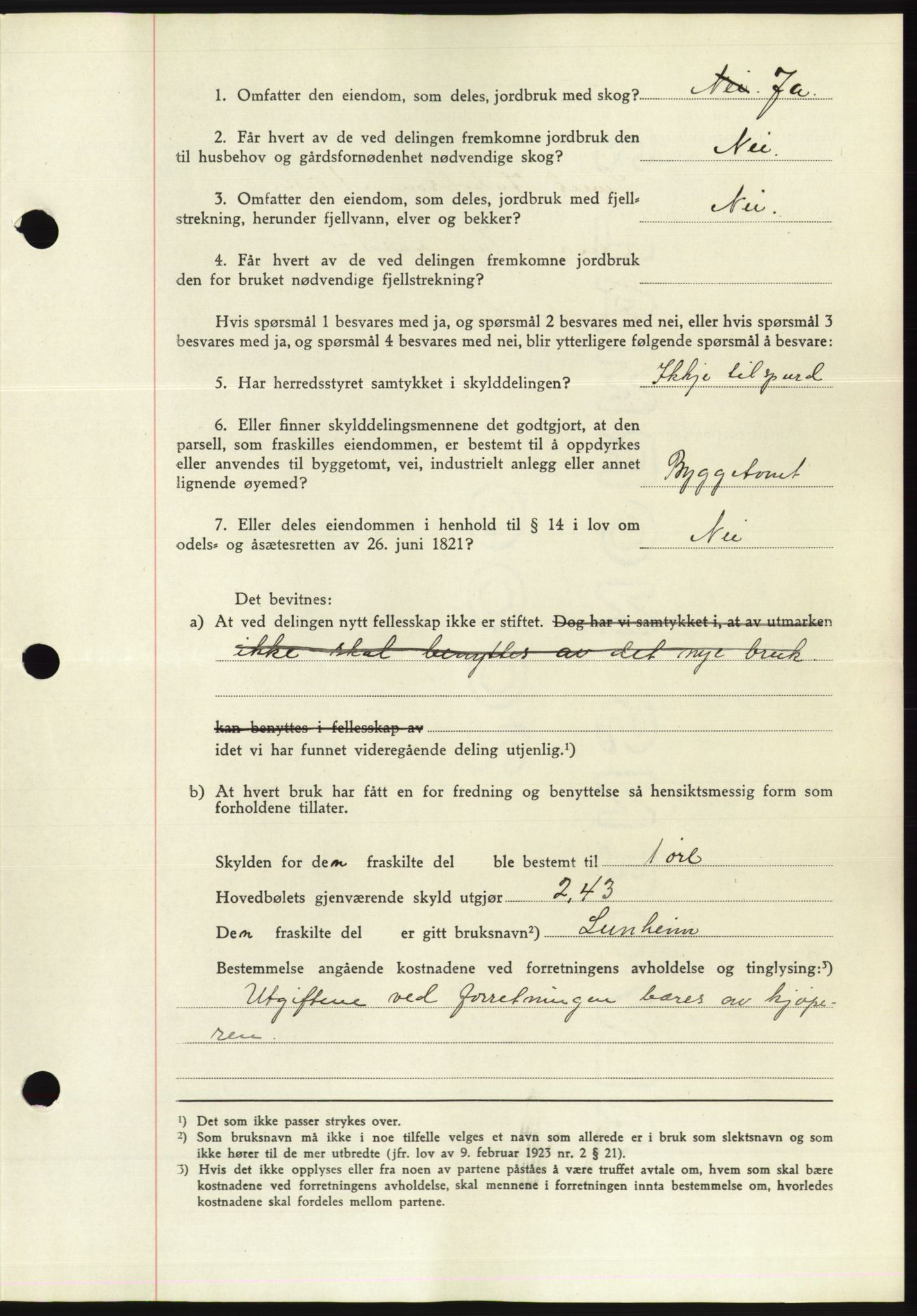 Søre Sunnmøre sorenskriveri, AV/SAT-A-4122/1/2/2C/L0075: Pantebok nr. 1A, 1943-1943, Dagboknr: 587/1943