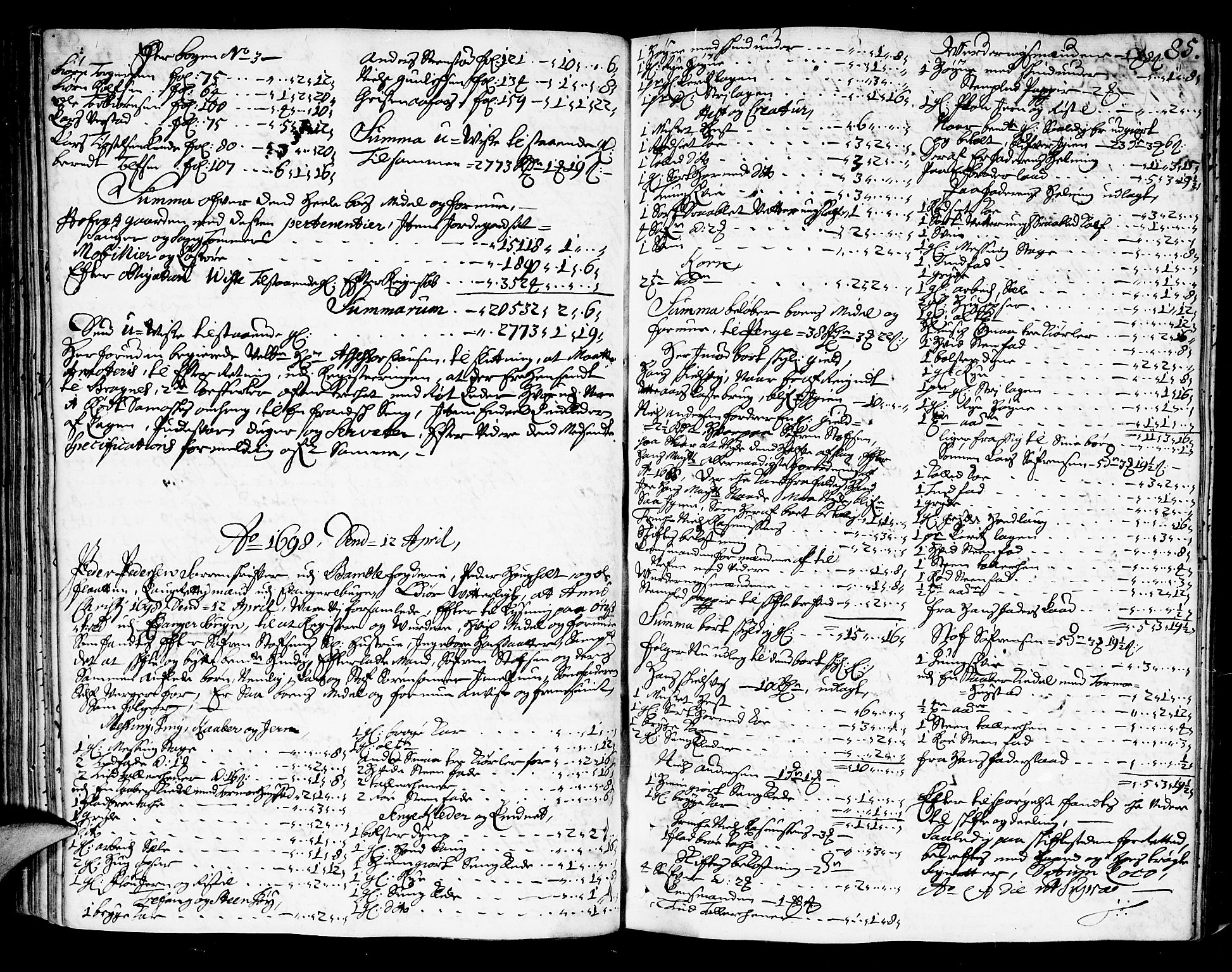 Bamble sorenskriveri, AV/SAKO-A-214/H/Hb/Hba/Hbaa/L0002: Skifteprotokoll, 1695-1705, s. 84b-85a