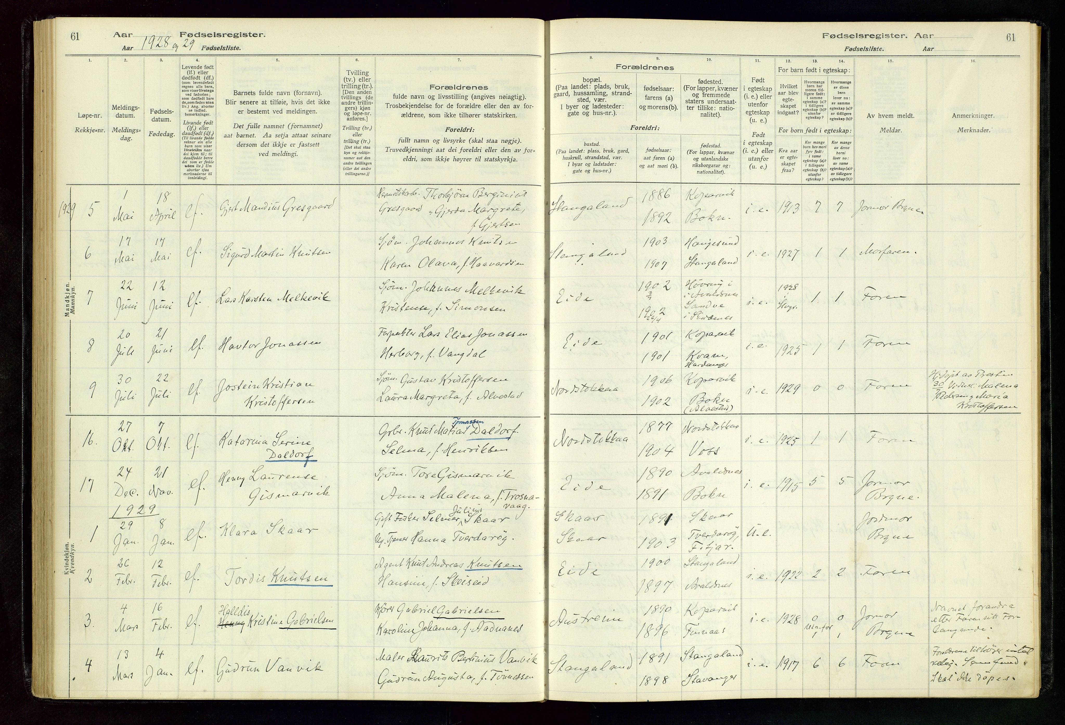 Kopervik sokneprestkontor, SAST/A-101850/I/Id/L0004: Fødselsregister nr. 4, 1916-1958, s. 61