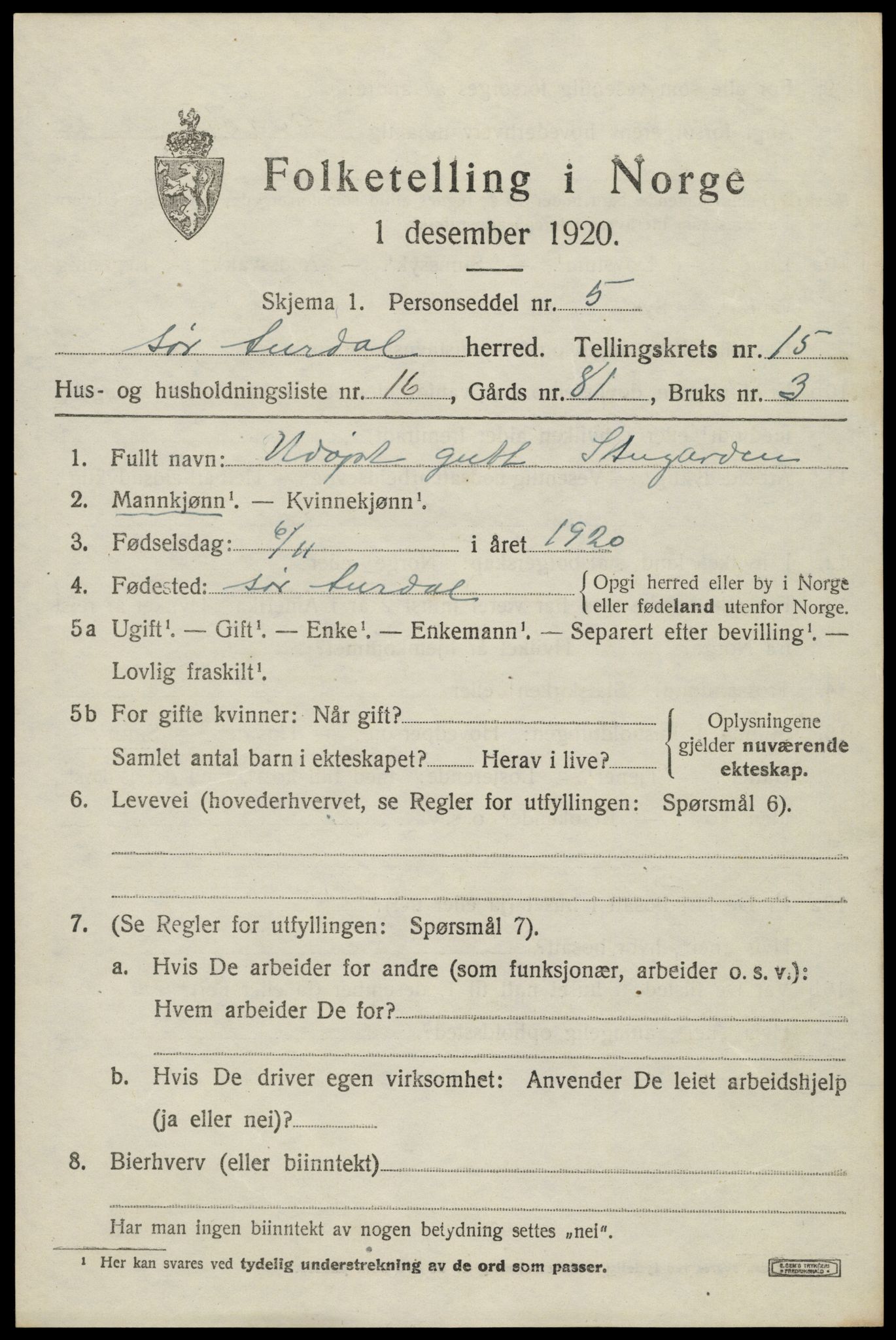 SAH, Folketelling 1920 for 0540 Sør-Aurdal herred, 1920, s. 8393