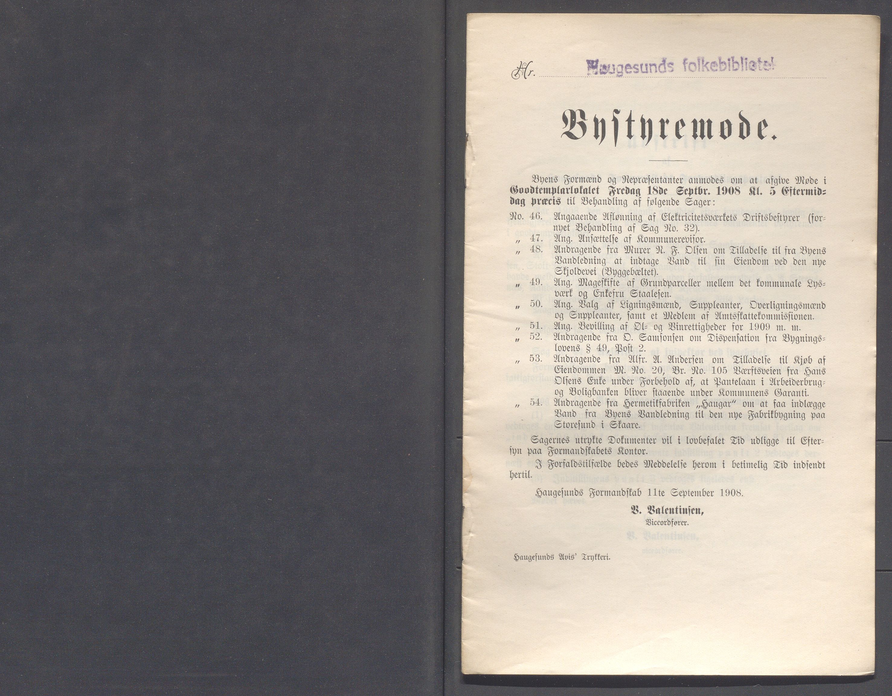 Haugesund kommune - Formannskapet og Bystyret, IKAR/A-740/A/Abb/L0002: Bystyreforhandlinger, 1908-1917, s. 56