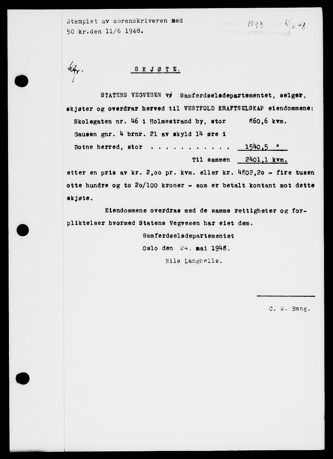 Holmestrand sorenskriveri, SAKO/A-67/G/Ga/Gaa/L0064: Pantebok nr. A-64, 1948-1948, Dagboknr: 1093/1948
