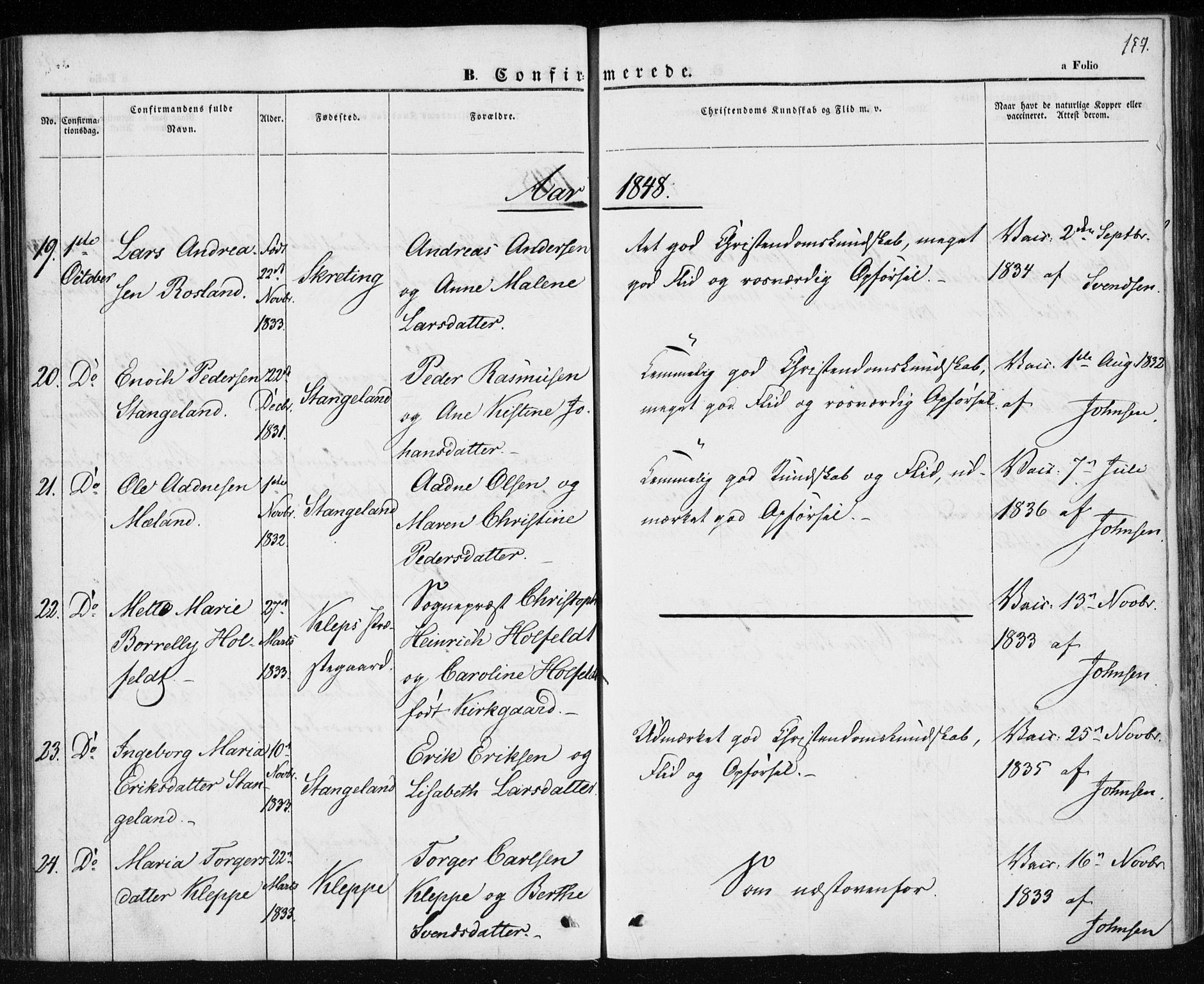 Klepp sokneprestkontor, AV/SAST-A-101803/001/3/30BA/L0004: Ministerialbok nr. A 4, 1842-1852, s. 157