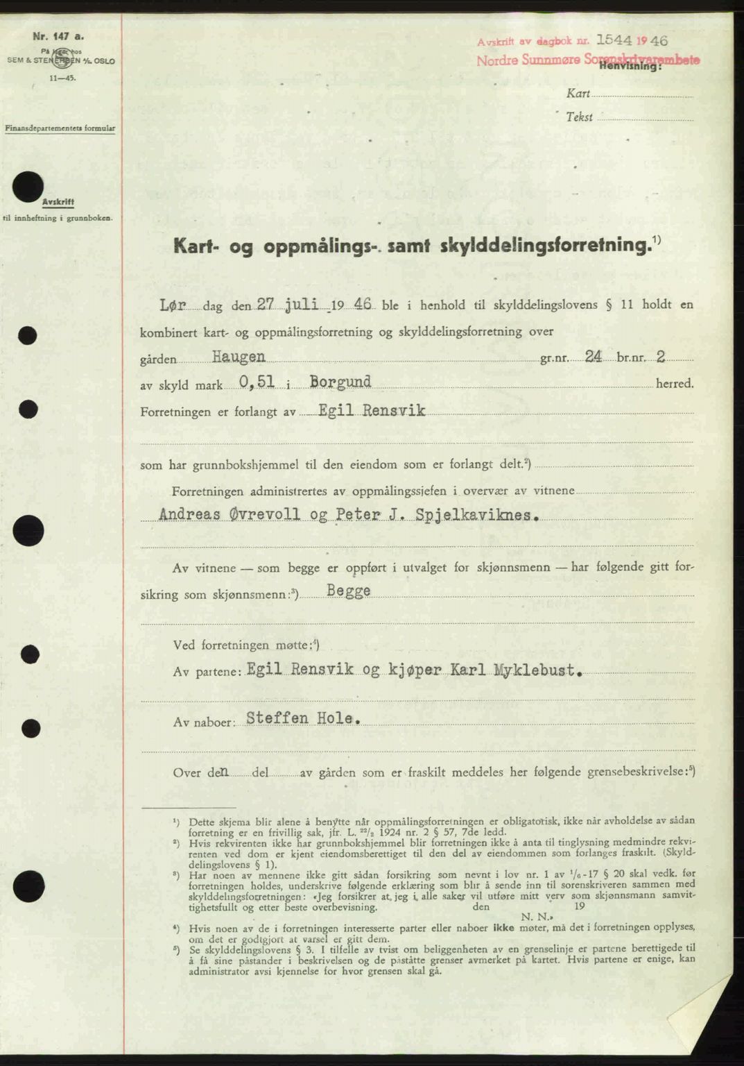 Nordre Sunnmøre sorenskriveri, SAT/A-0006/1/2/2C/2Ca: Pantebok nr. A22, 1946-1946, Dagboknr: 1544/1946