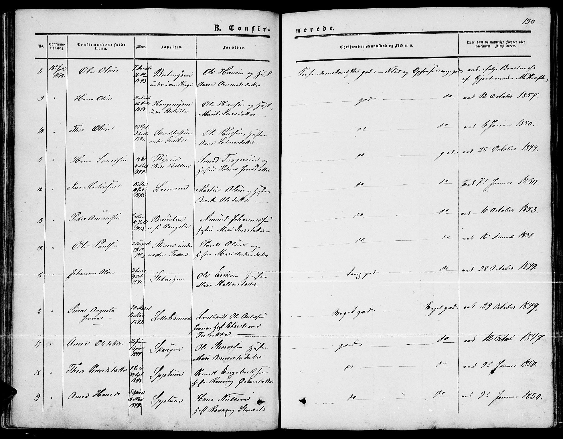 Nord-Fron prestekontor, SAH/PREST-080/H/Ha/Hab/L0001: Klokkerbok nr. 1, 1851-1883, s. 139