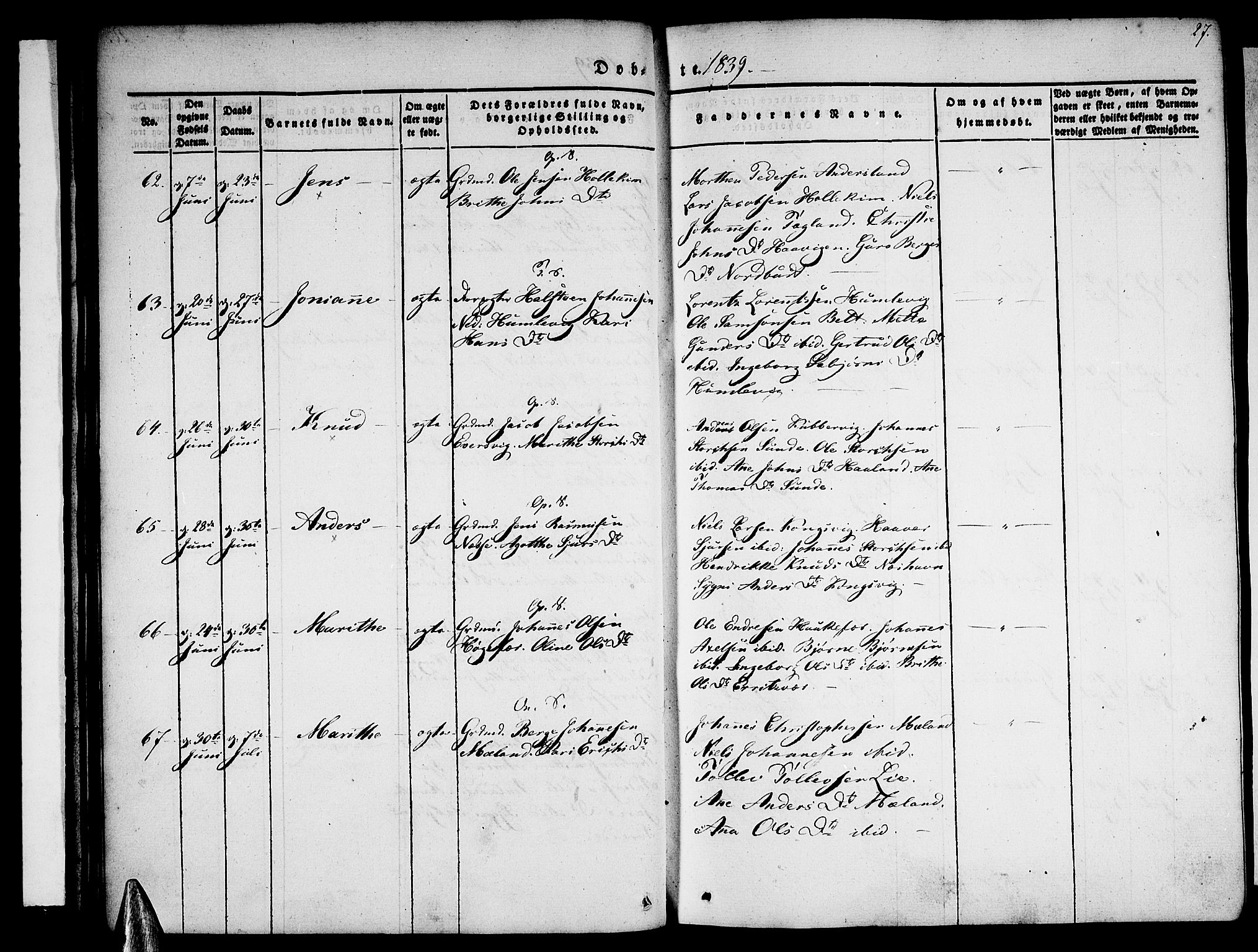 Tysnes sokneprestembete, AV/SAB-A-78601/H/Haa: Ministerialbok nr. A 9, 1837-1848, s. 27