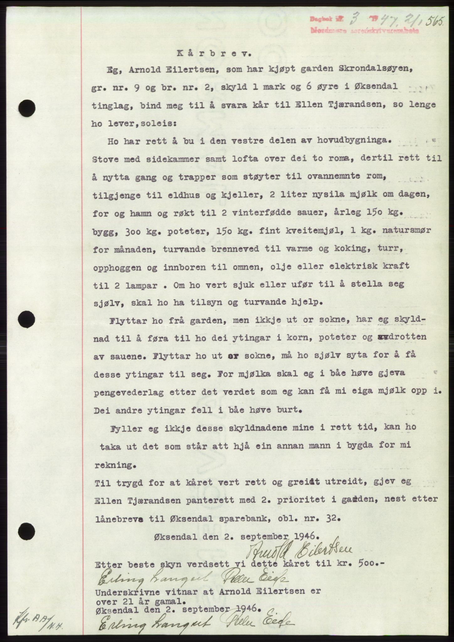 Nordmøre sorenskriveri, SAT/A-4132/1/2/2Ca: Pantebok nr. B95, 1946-1947, Dagboknr: 3/1947