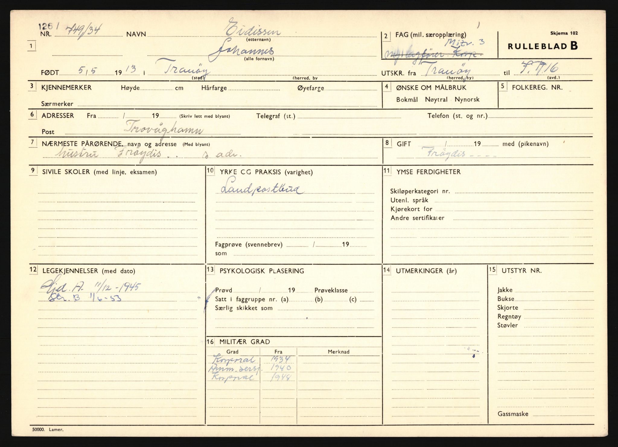 Forsvaret, Troms infanteriregiment nr. 16, AV/RA-RAFA-3146/P/Pa/L0018: Rulleblad for regimentets menige mannskaper, årsklasse 1934, 1934, s. 187