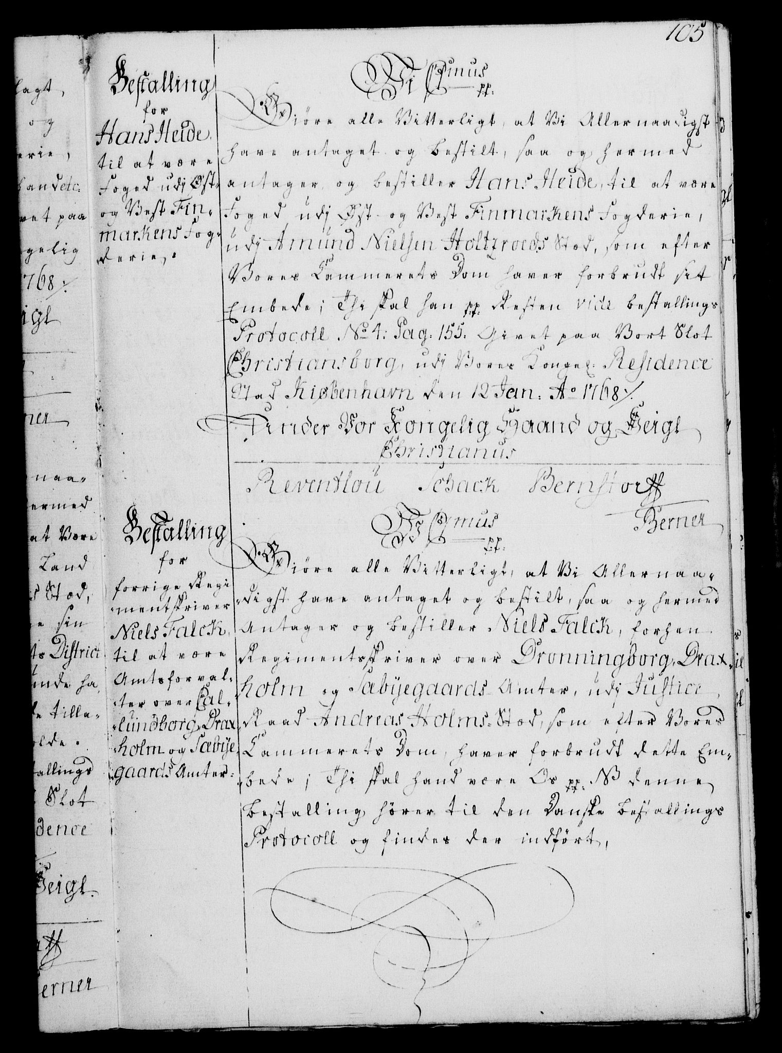 Rentekammeret, Kammerkanselliet, RA/EA-3111/G/Gg/Gge/L0004: Norsk bestallingsprotokoll med register (merket RK 53.28), 1762-1771, s. 105