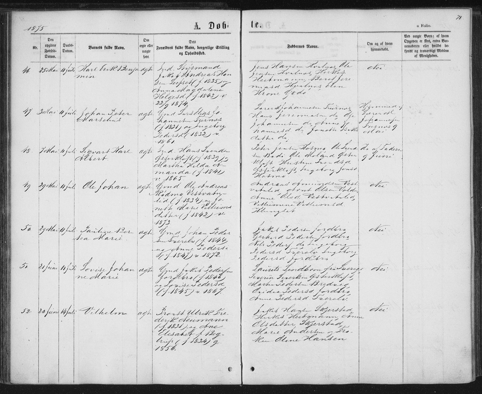 Ministerialprotokoller, klokkerbøker og fødselsregistre - Nordland, SAT/A-1459/852/L0739: Ministerialbok nr. 852A09, 1866-1877, s. 78